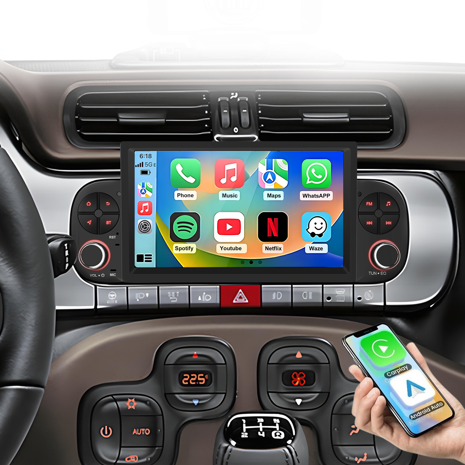 Autoinnenraum mit Infotainment-Bildschirm, der Apps zeigt.