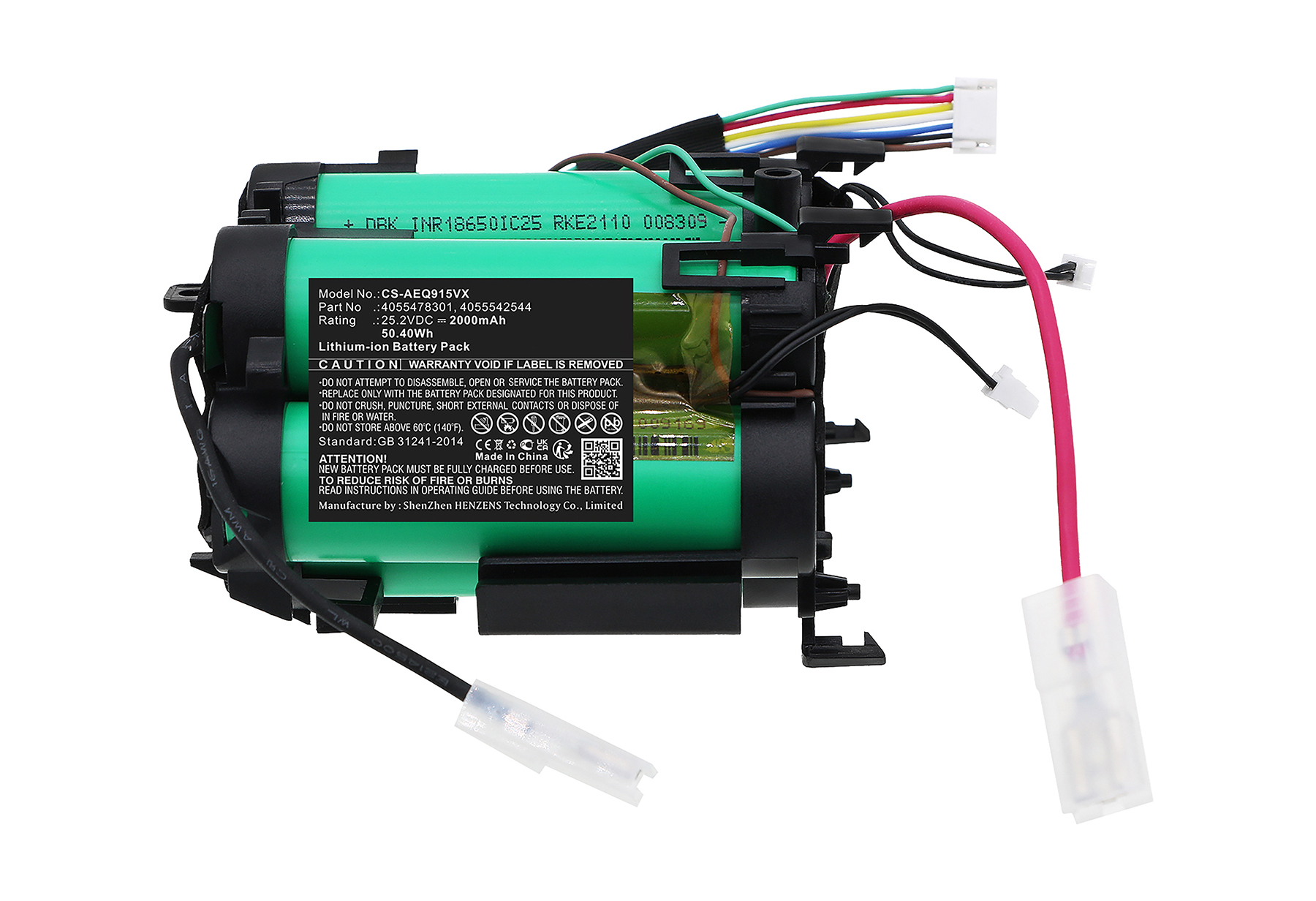 Grüner Lithium-Ionen-Akku mit Kabeln und Beschriftung, weißer Hintergrund.