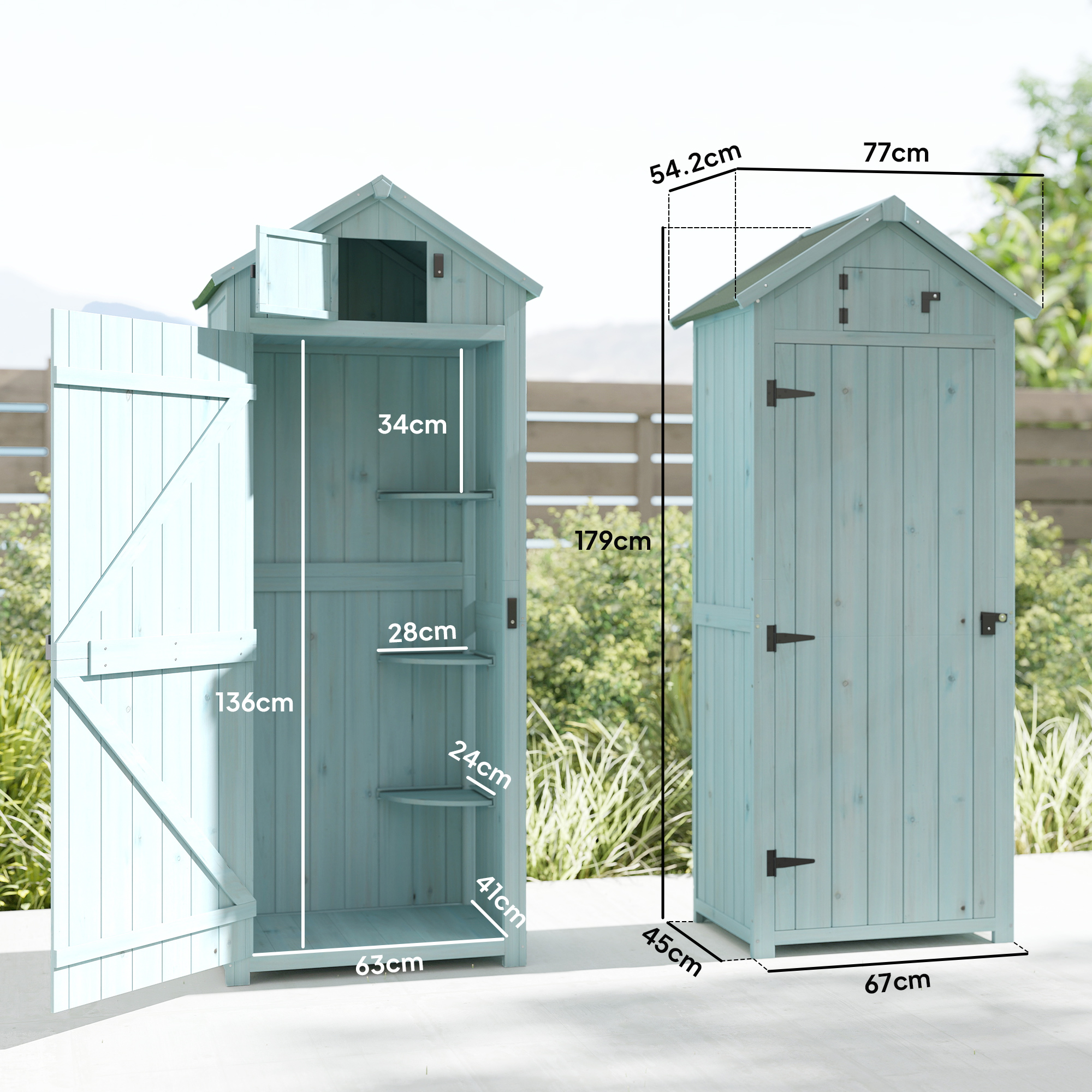 Una tettoia in legno blu chiaro con porta aperta, dimensioni indicate.