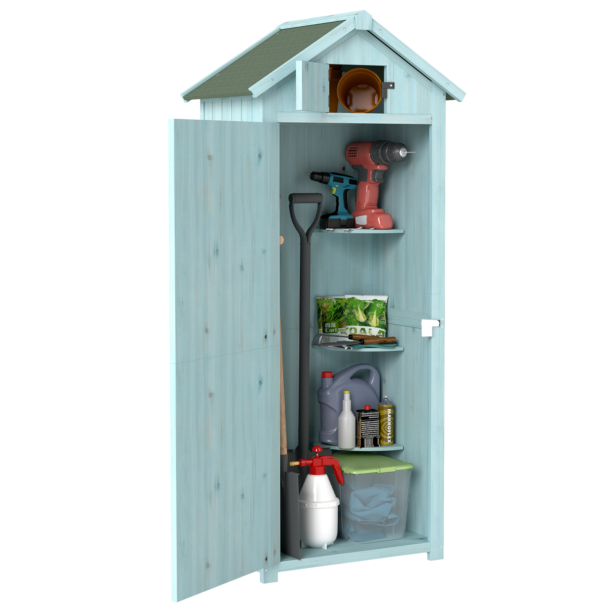 Capanno in legno azzurro con attrezzi, forniture da giardino e contenitori.