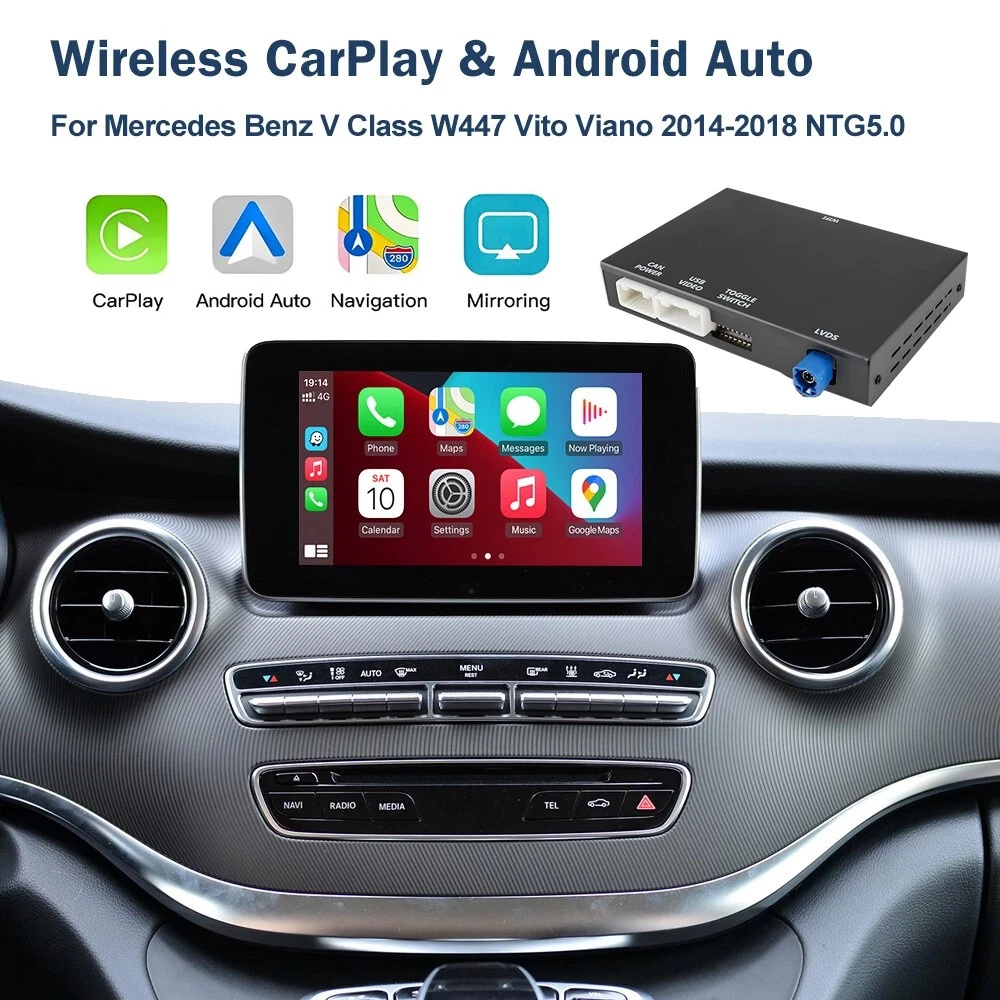 La imagen muestra un sistema de infoentretenimiento para coche con iconos de CarPlay y Android Auto.