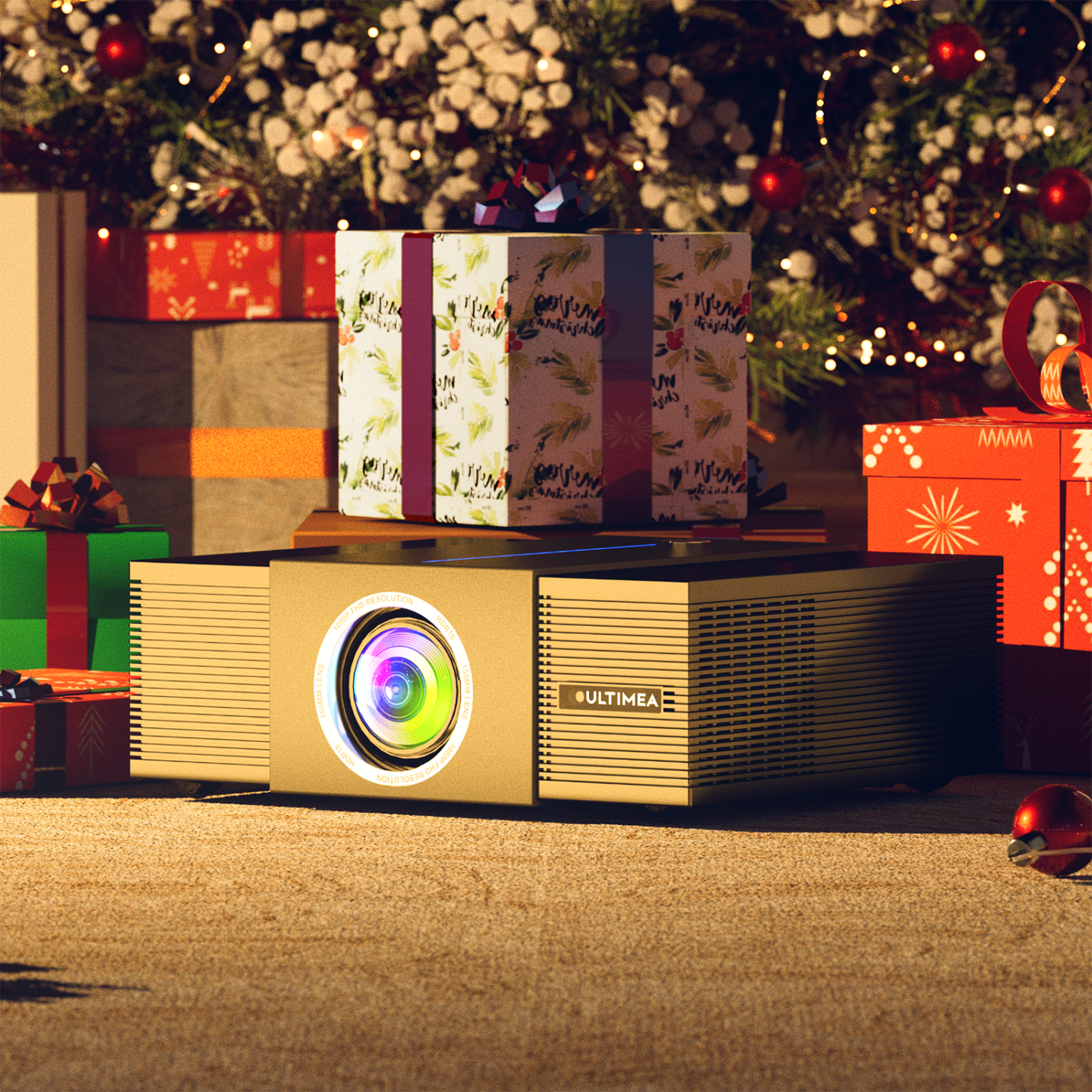 Een gouden projector staat voor een kerstboom met cadeaus.