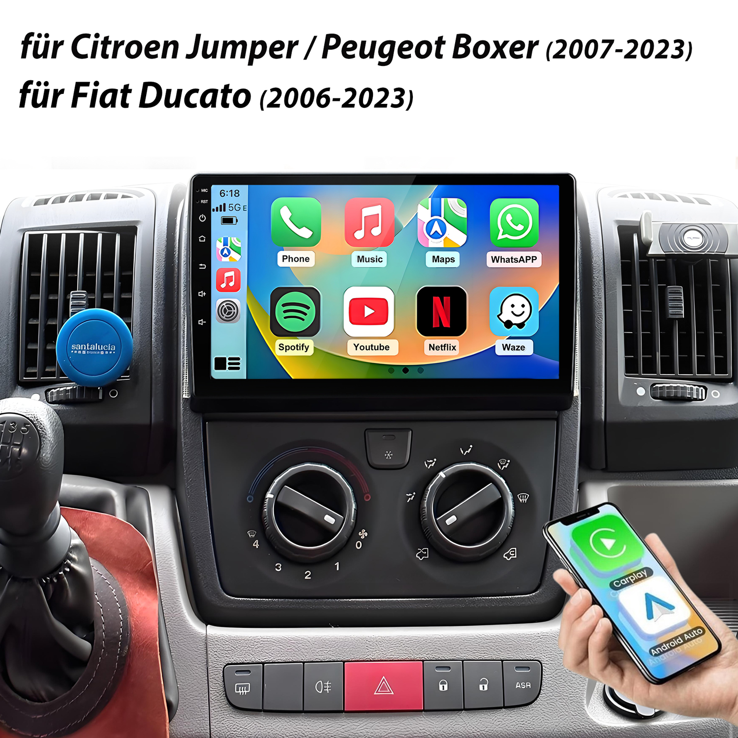 Ein Auto-Infotainmentsystem mit Apps wie Phone, Music, Maps, WhatsApp, Spotify, YouTube, Netflix, Waze.