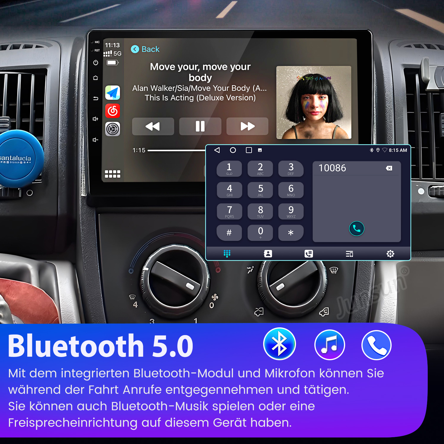 Autoradio mit Bluetooth 5.0, Musik und Telefonfunktion. Zeigt Albumcover und Tastatur.