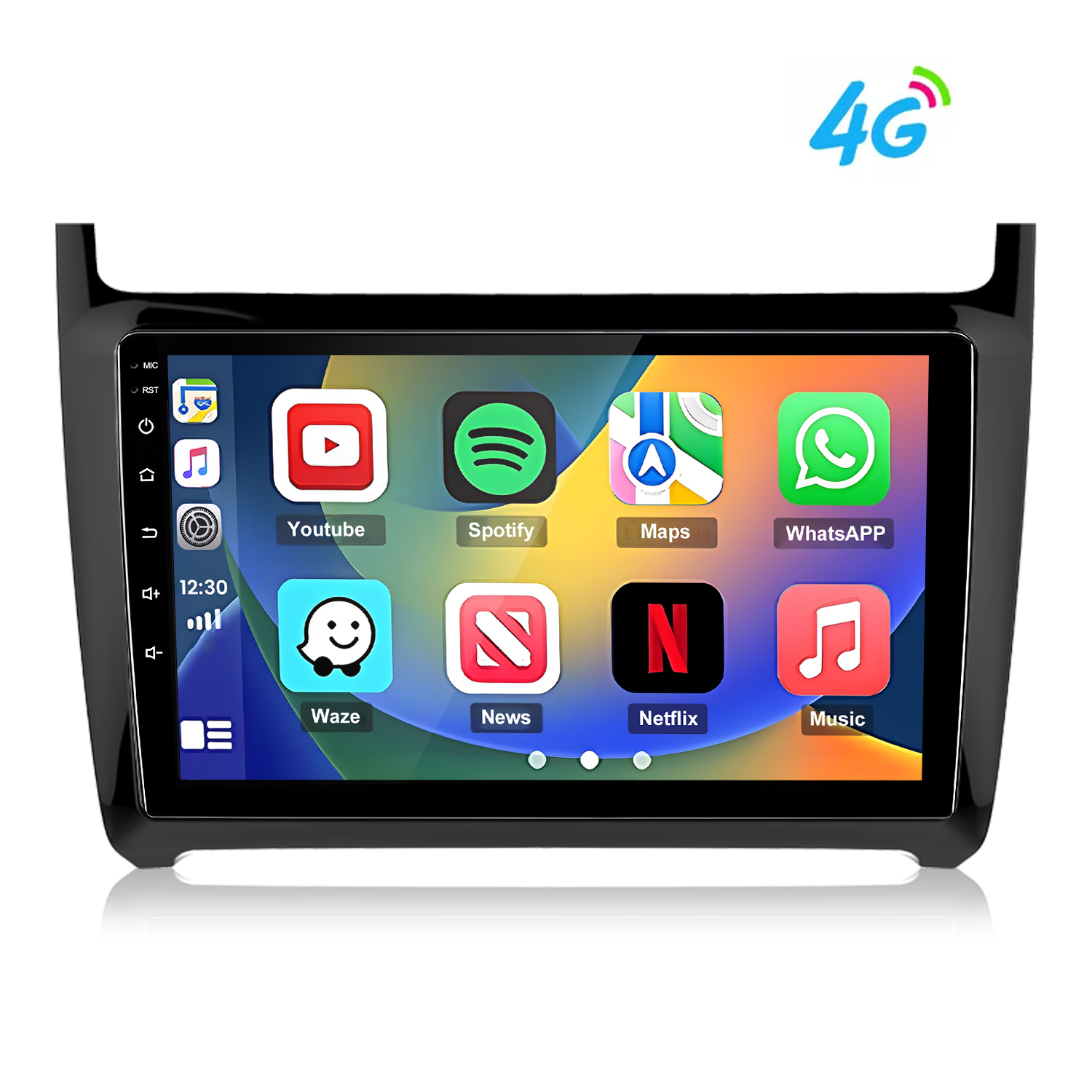 Ein 4G-fähiges Autoradio mit App-Symbolen: Youtube, Spotify, Maps, WhatsApp, Waze, News, Netflix, Musik.