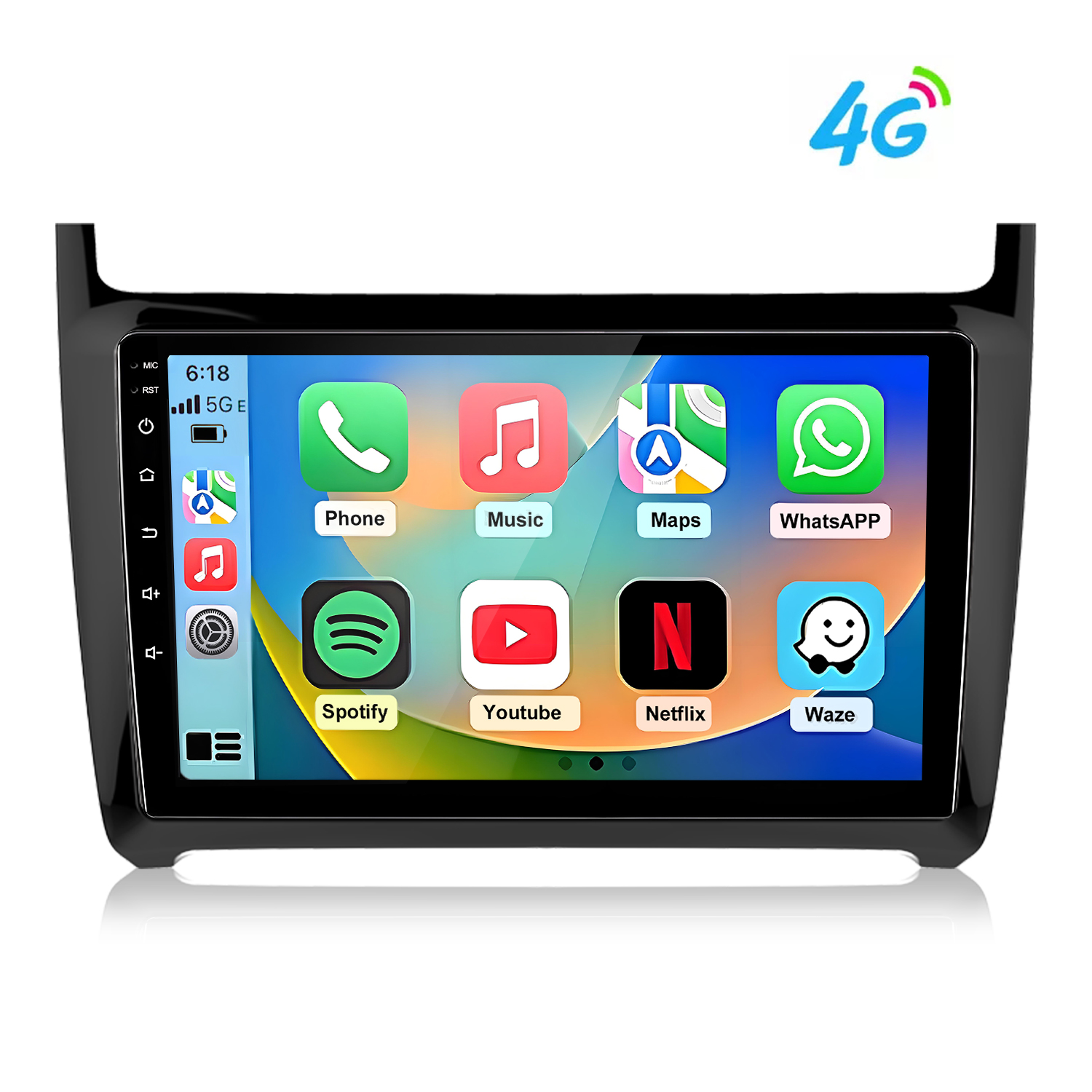 Ein Autoradio-Display mit App-Symbolen wie Telefon, Musik, Karten, WhatsApp, Spotify, YouTube, Netflix, Waze.