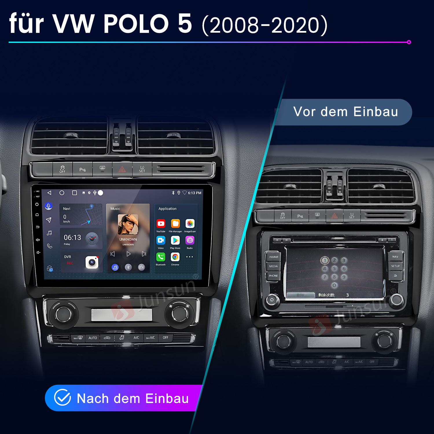 Vergleich eines VW Polo 5 Infotainmentsystems vor und nach dem Einbau.