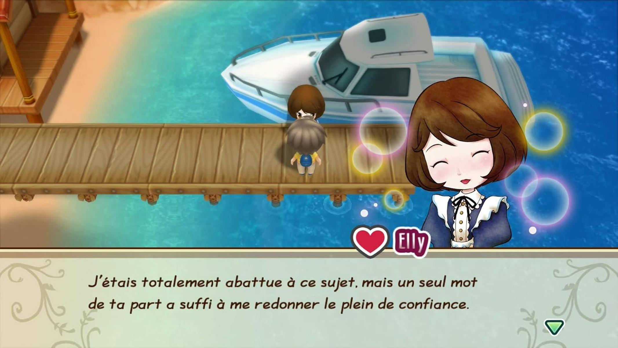 Dziewczyna na molo obok łodzi. Druga dziewczyna się uśmiecha. Pływają bąbelki.