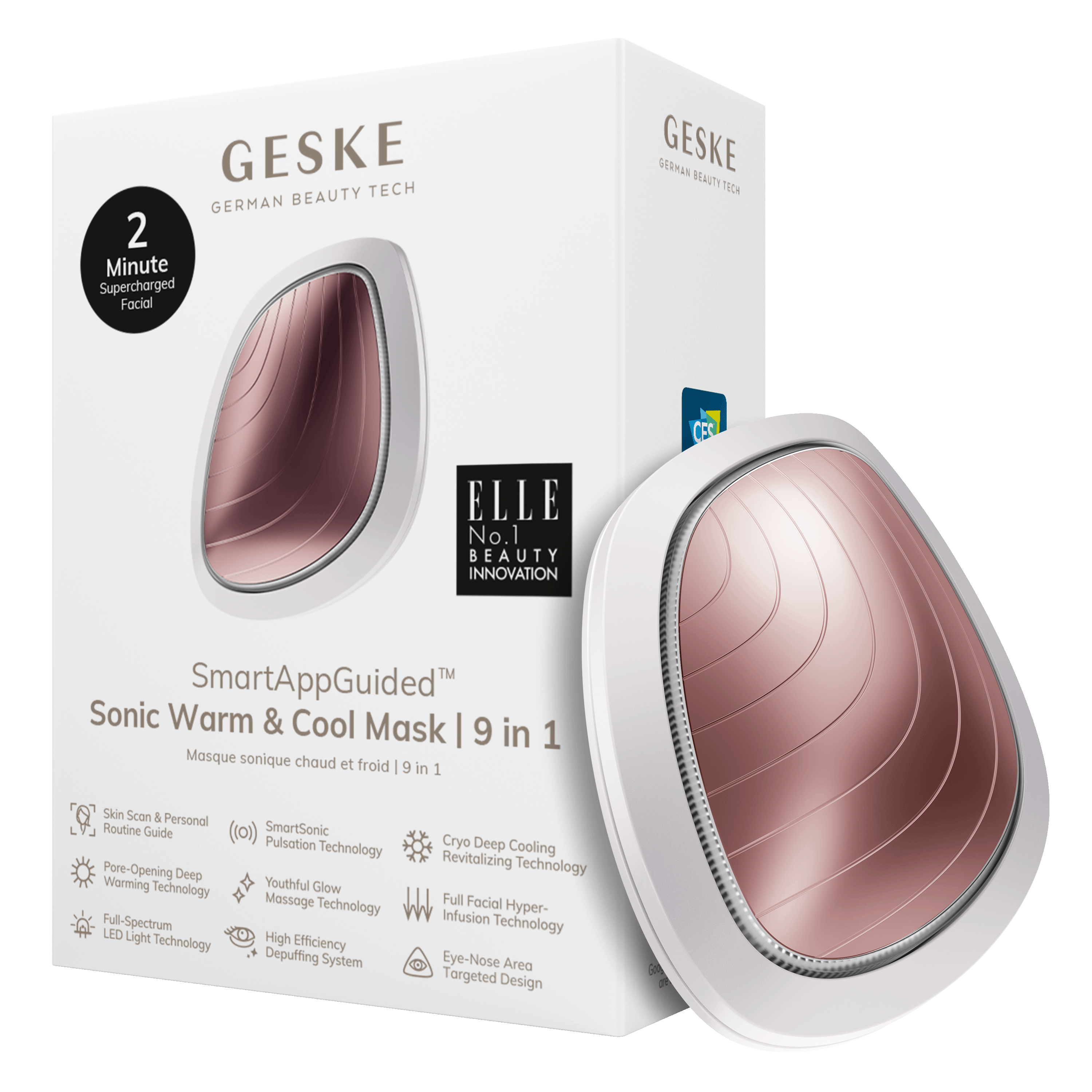 Dalga desenli, rose gold yüz maskeli beyaz kutu.