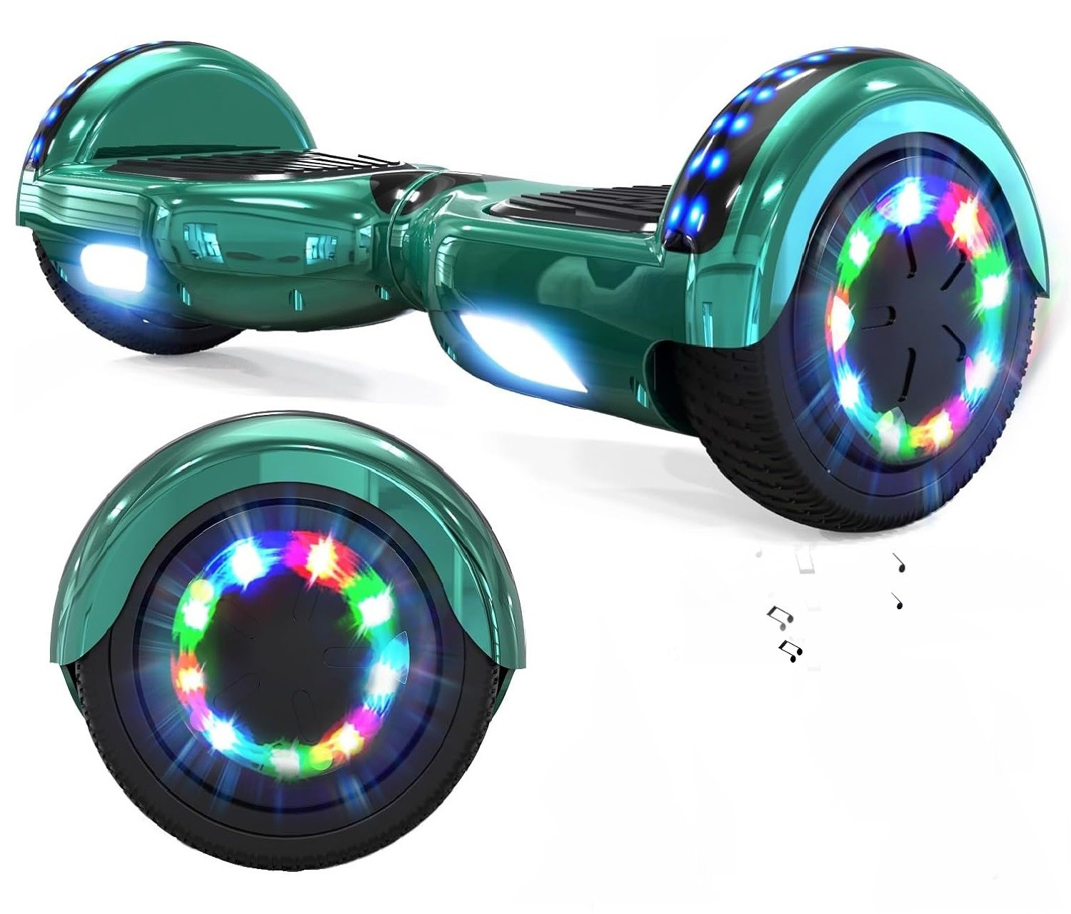 Grüner Hoverboard mit bunten LED-Lichtern an den Rädern.