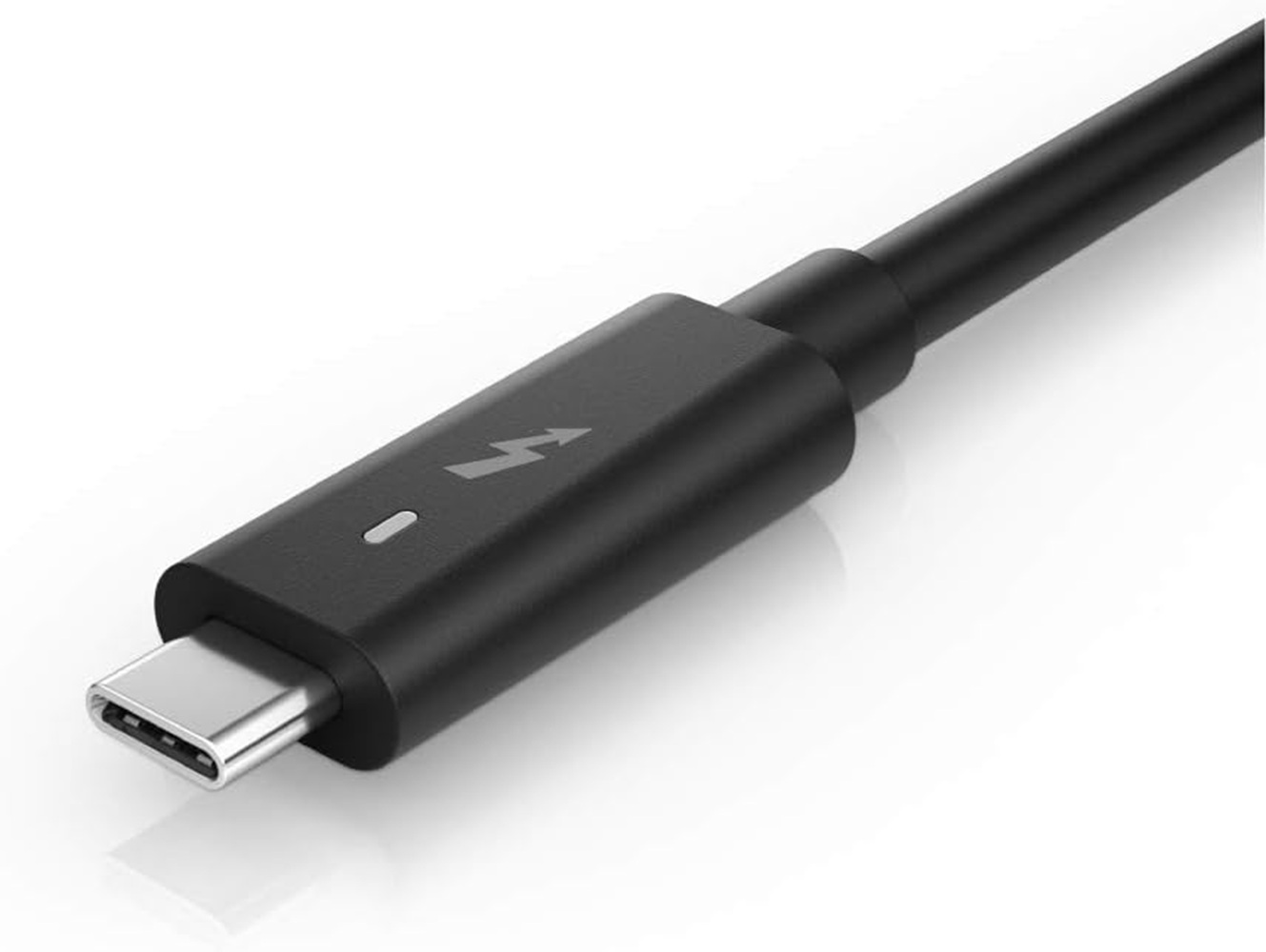 Schwarzes USB-C-Kabel mit Blitz-Symbol und silbernem Stecker.