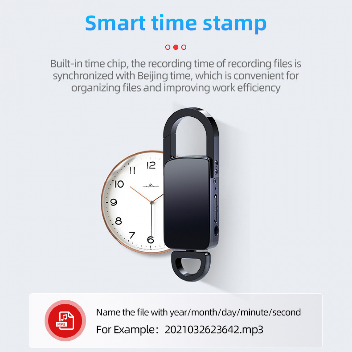 Ein schwarzer Rekorder neben einer Uhr mit dem Text 'Smart time stamp'.
