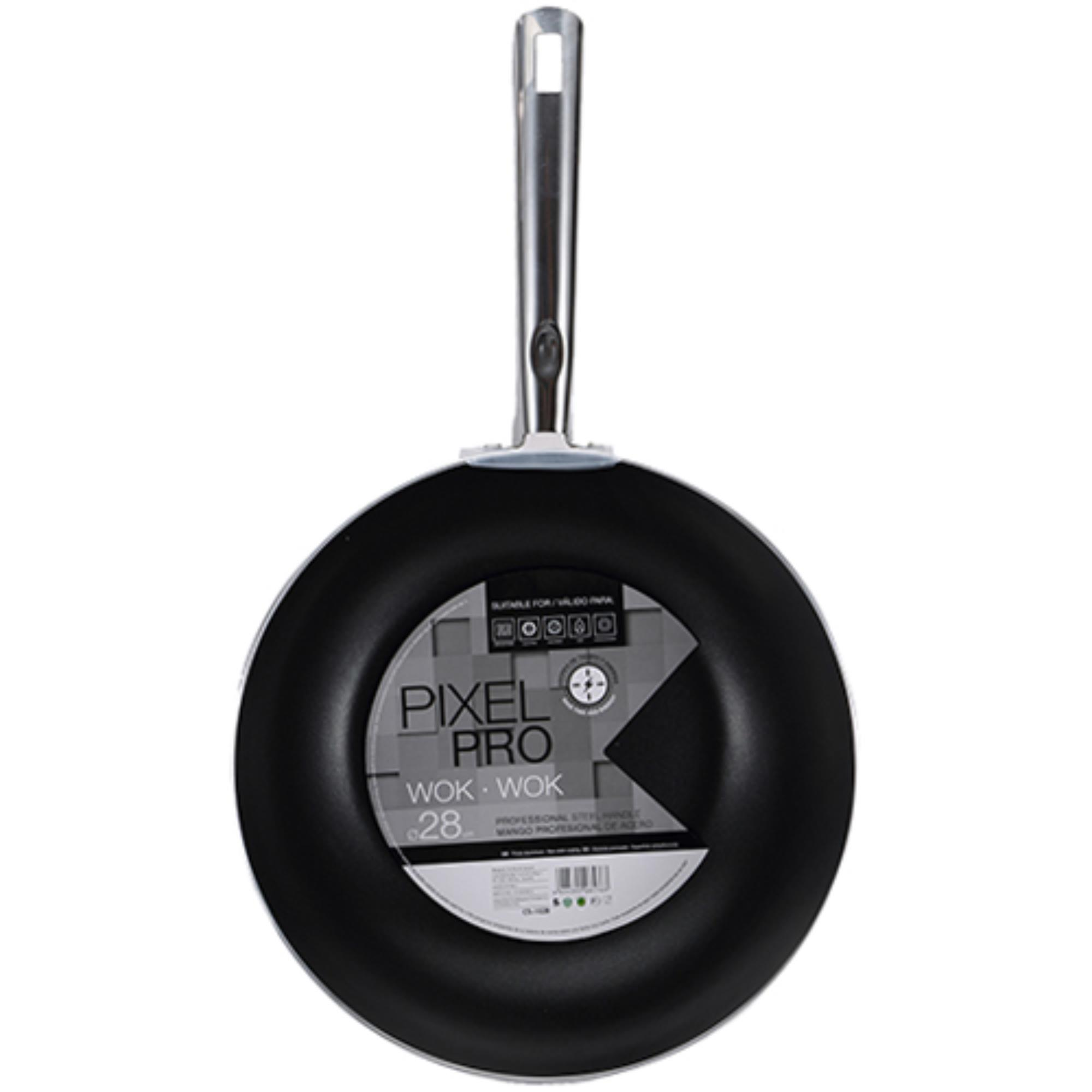 Sartén wok negra Pixel Pro de 28cm de diámetro y mango metálico.