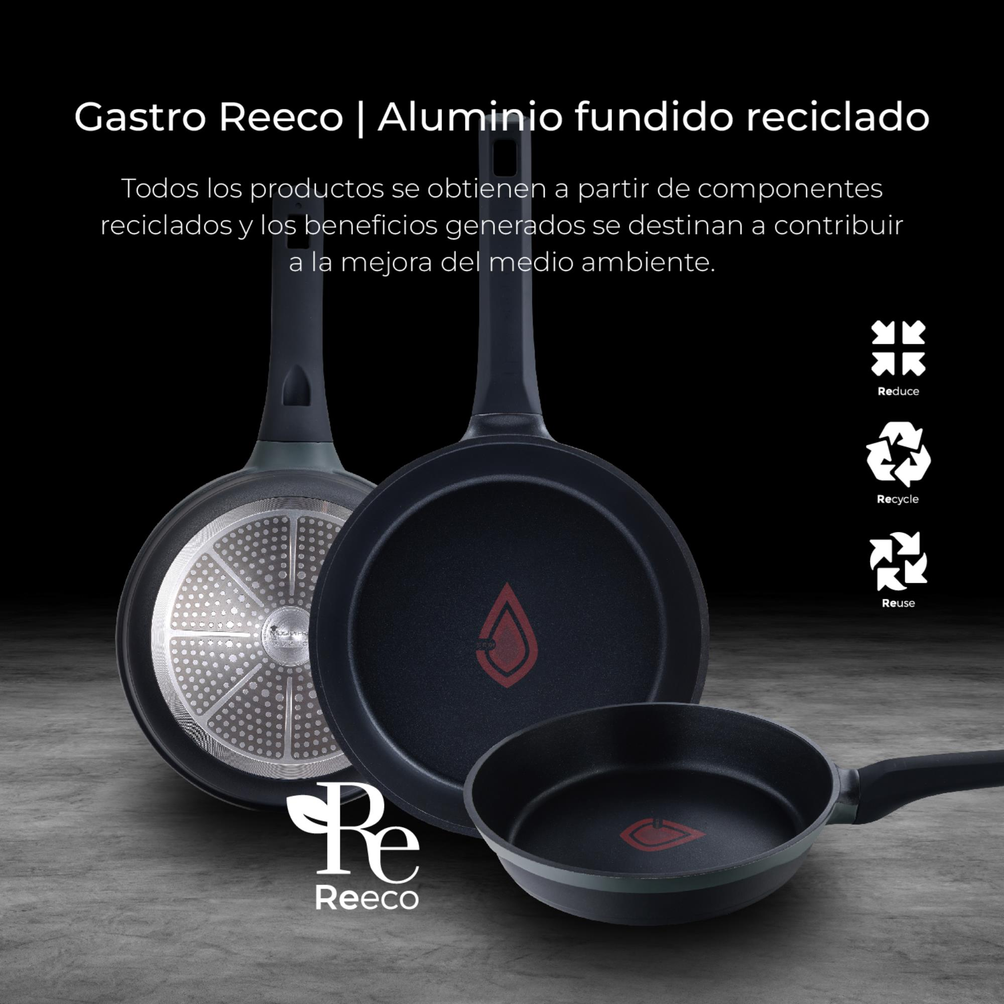 Tres sartenes sobre una superficie, con logos y símbolos.