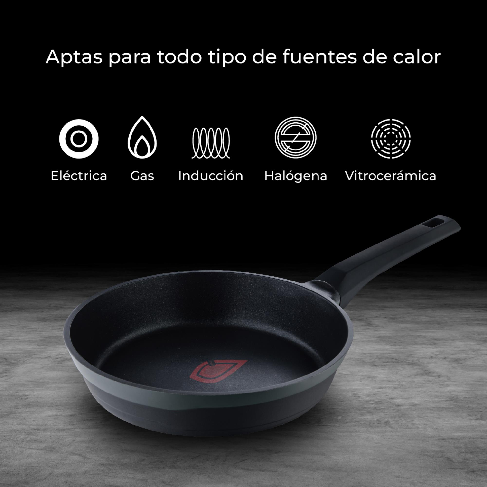 Sartén negra con mango sobre superficie gris, con iconos de diferentes fuentes de calor.