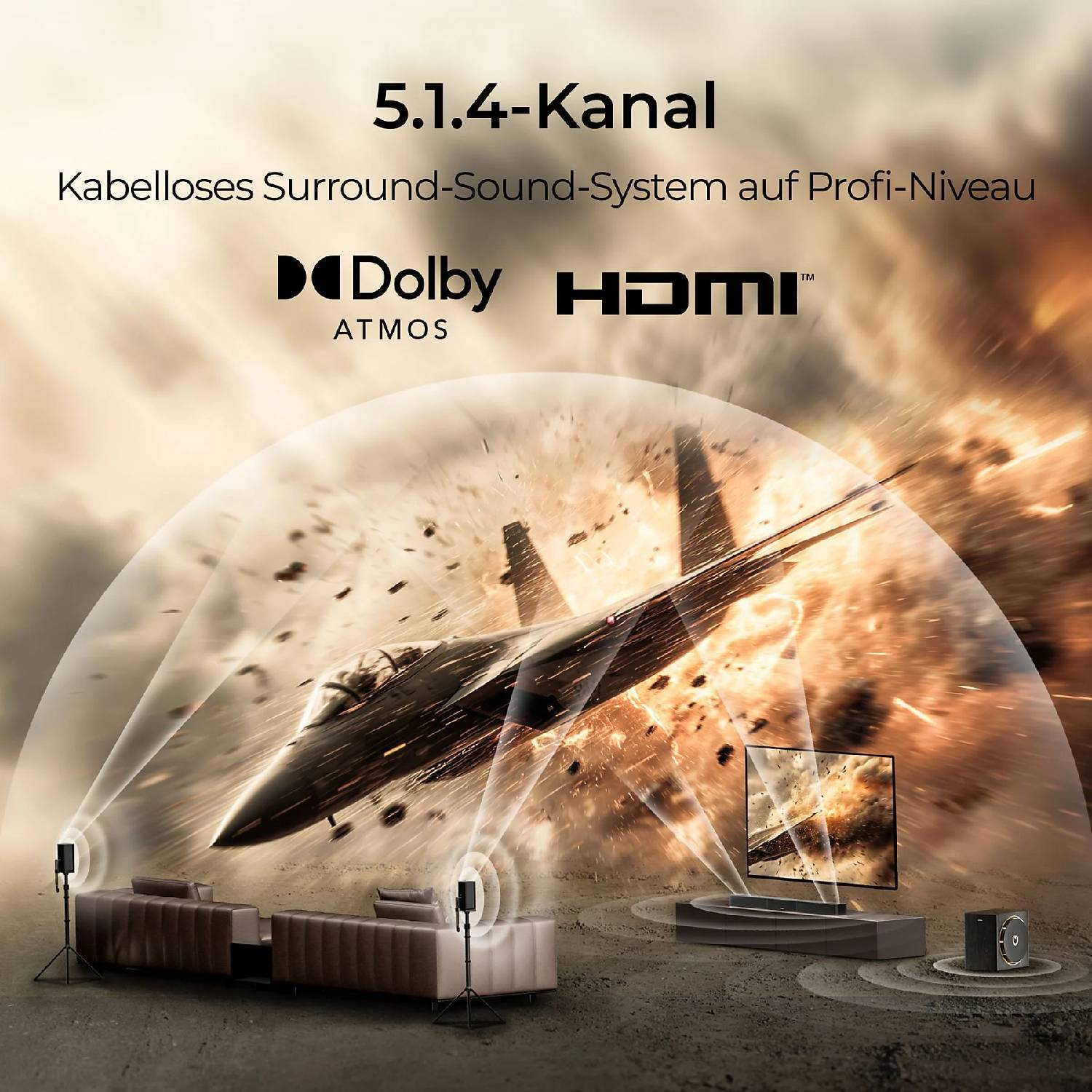 Flugzeug im Explosionshintergrund, Heimkino-System mit Dolby Atmos.