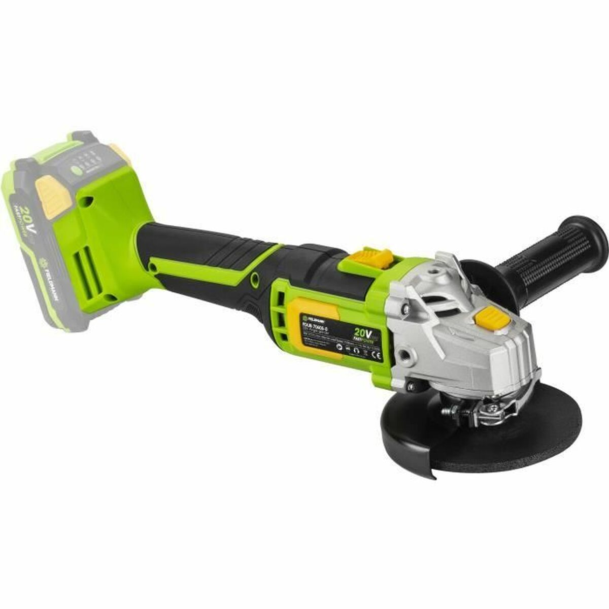 Ein grüner und schwarzer Akku-Winkelschleifer mit 20V-Akkupack.