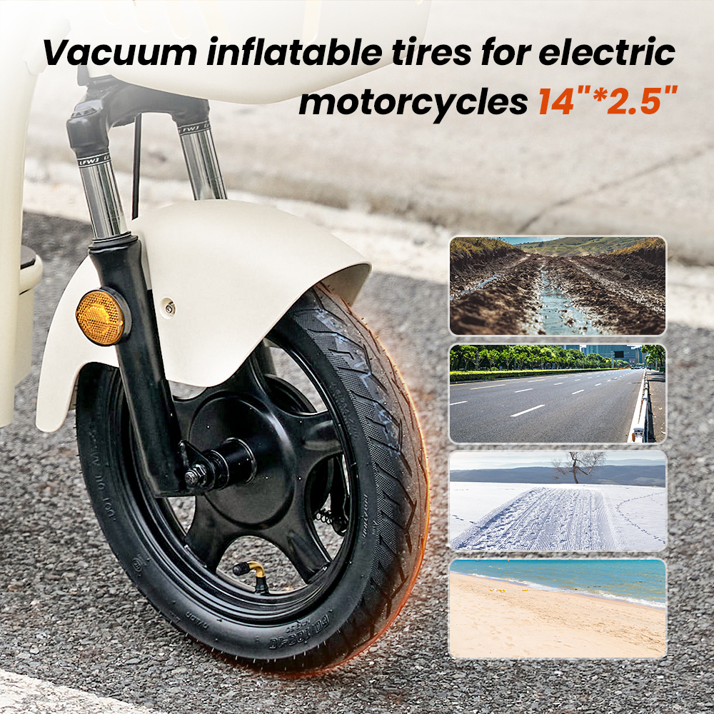 Zbliżenie opony i koła motocykla elektrycznego. Cztery obrazy wstawione pokazują różne tereny.