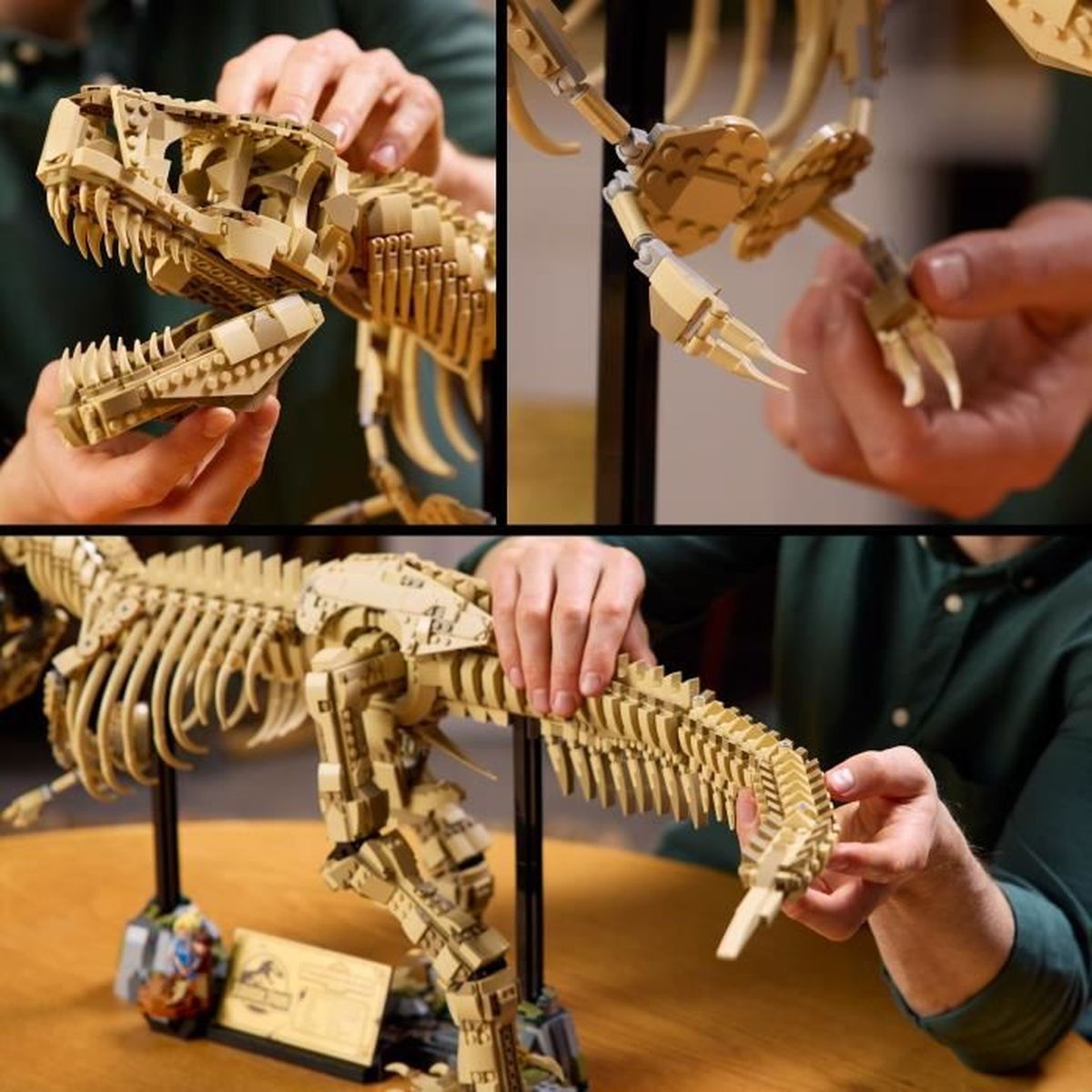 Model szkieletu dinozaura z klocków Lego jest składany przez ręce.