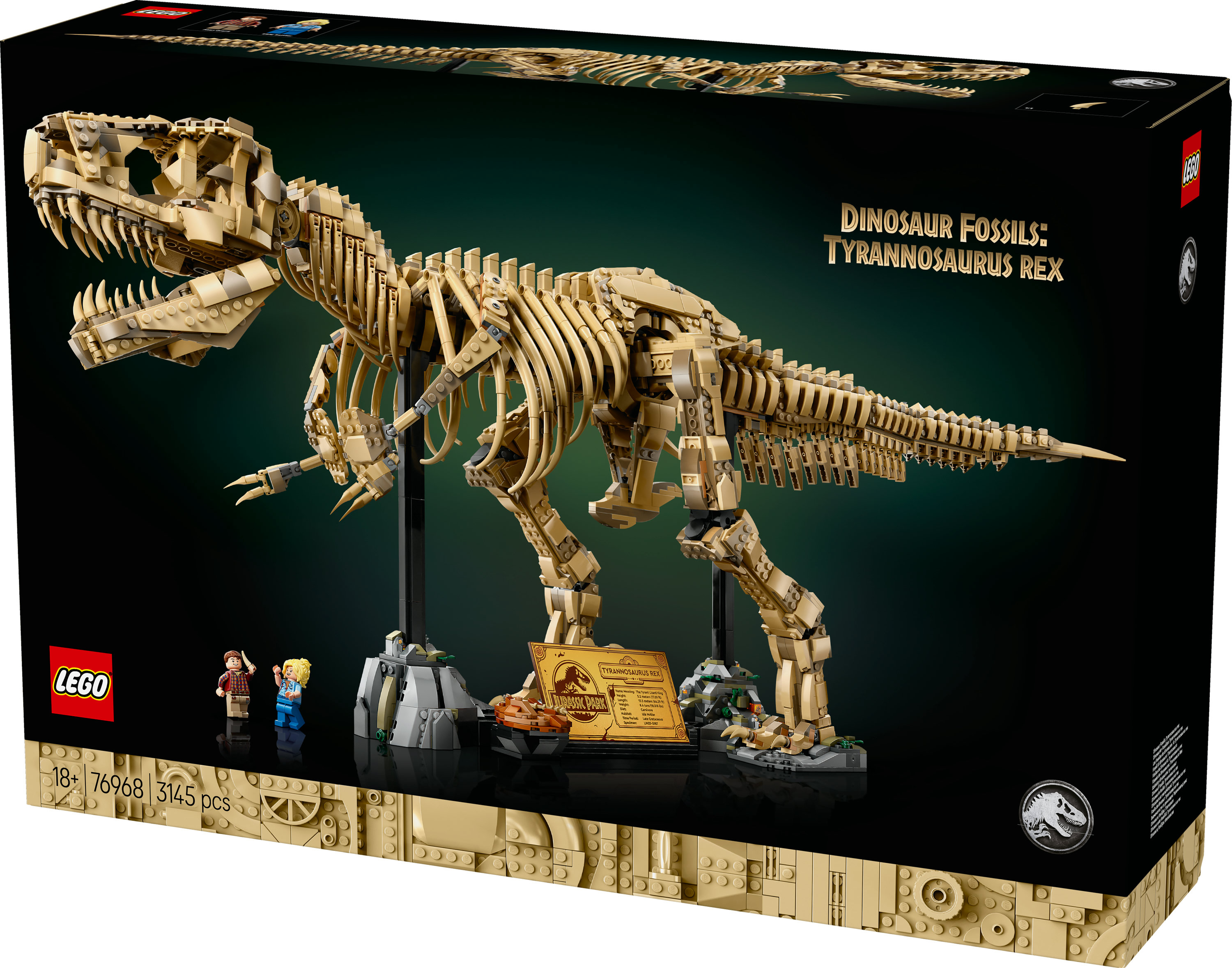 Zestaw szkieletu Lego Tyrannosaurus Rex z minifigurkami i tabliczką Jurassic Park.