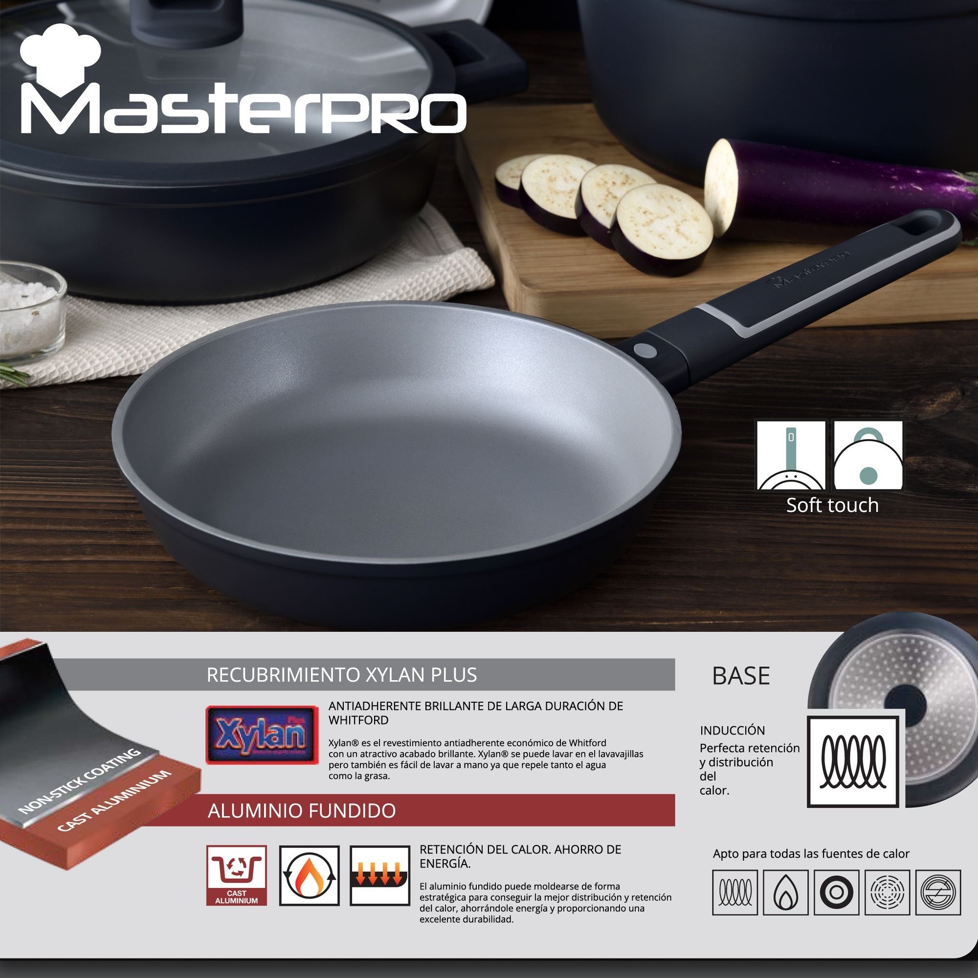 Sartén MasterPRO con recubrimiento Xylan Plus y rodajas de berenjena.