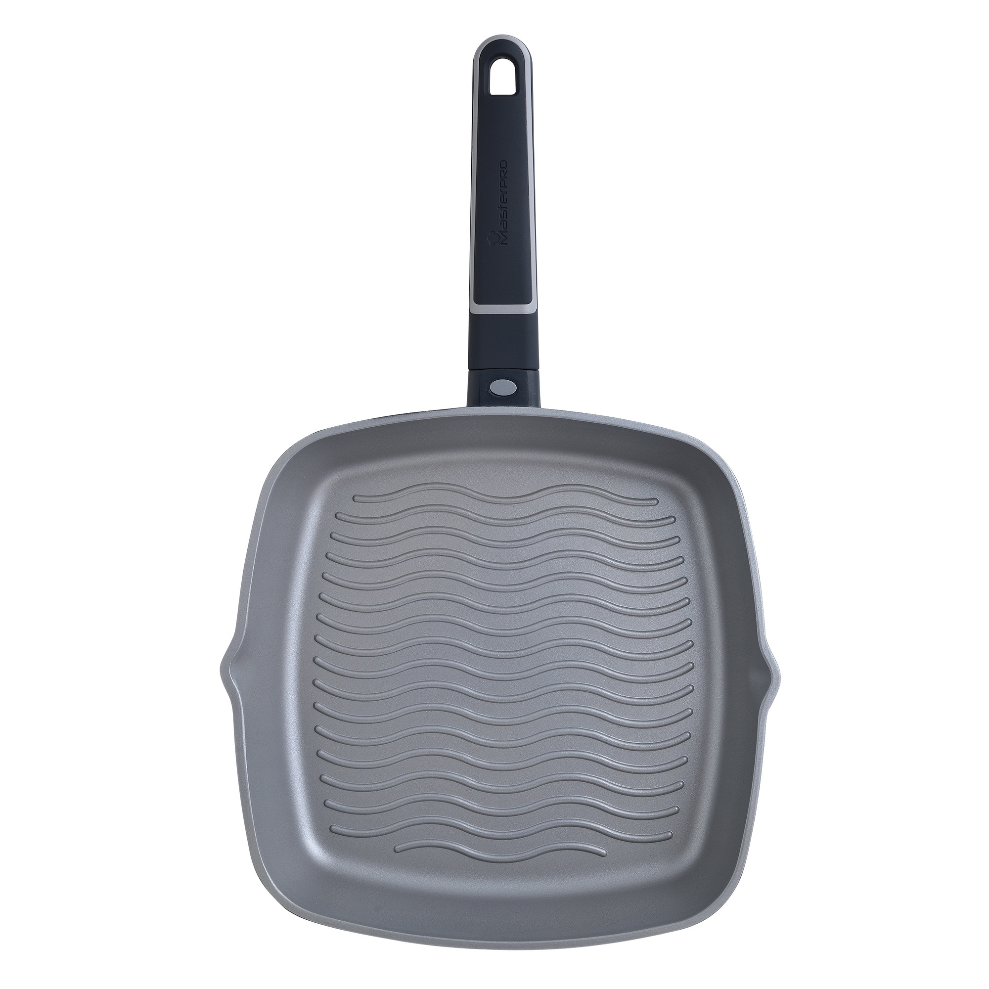 Sartén grill gris con estrías onduladas y mango negro con asa para colgar.
