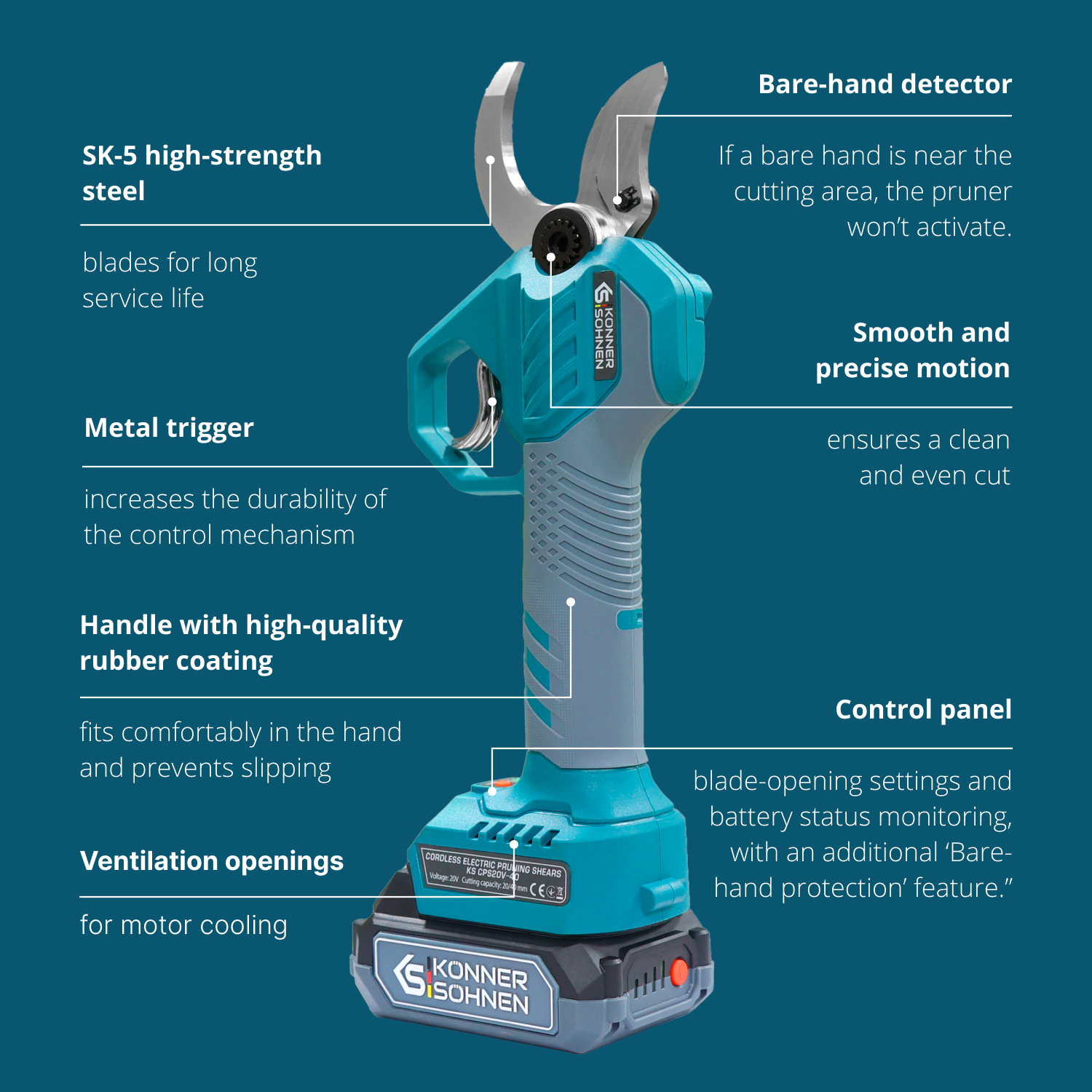 Nożyce elektryczne z ostrzami ze stali SK-5, metalowym spustem i gumowym uchwytem.