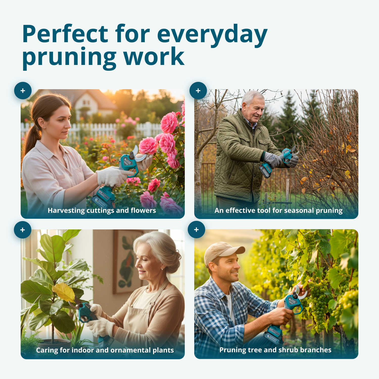 Kobieta przycina róże, mężczyzna przycina drzewa, kobieta pielęgnuje roślinę, mężczyzna przycina winorośl.