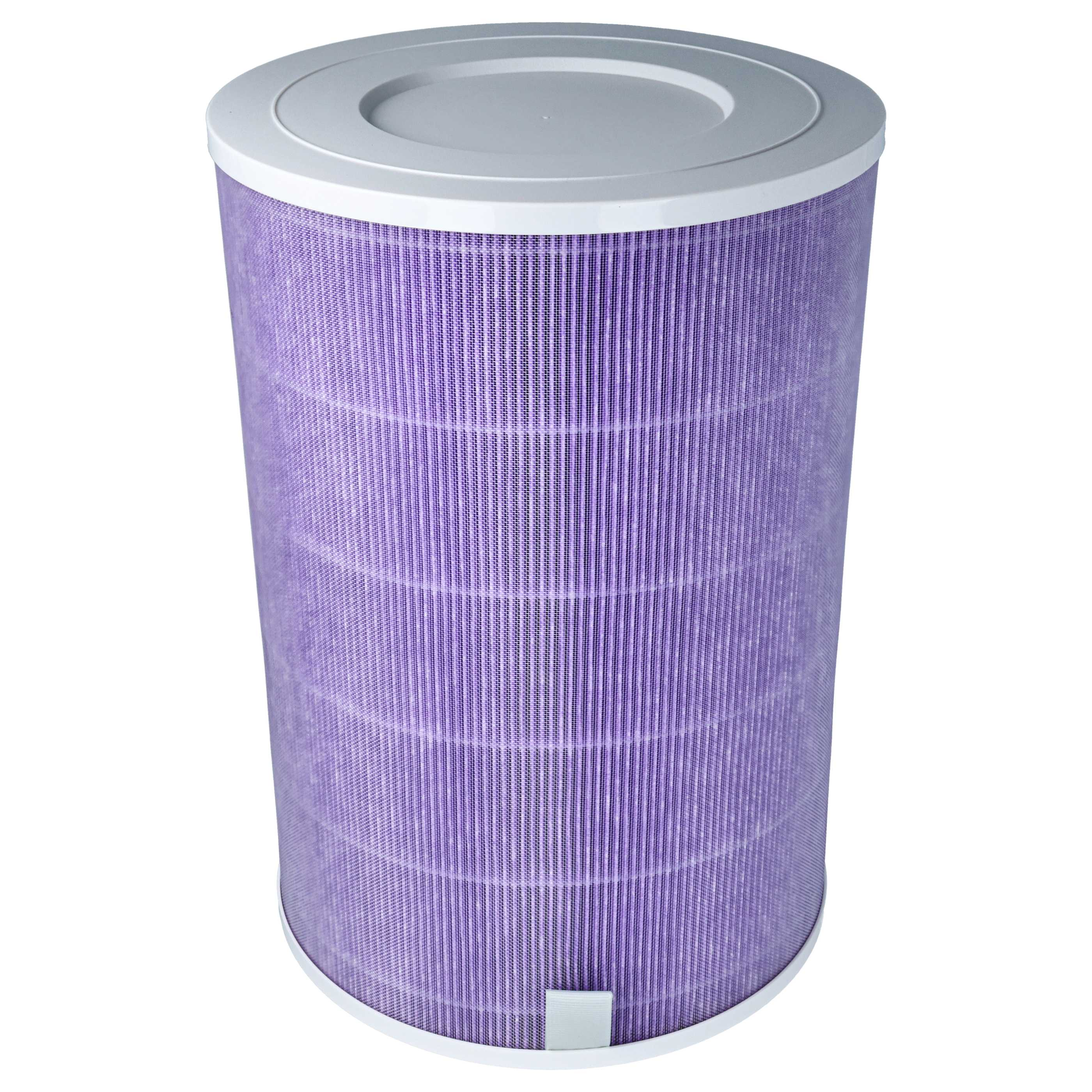 Ein zylindrischer Luftfilter mit lila Falten und weißem Deckel.