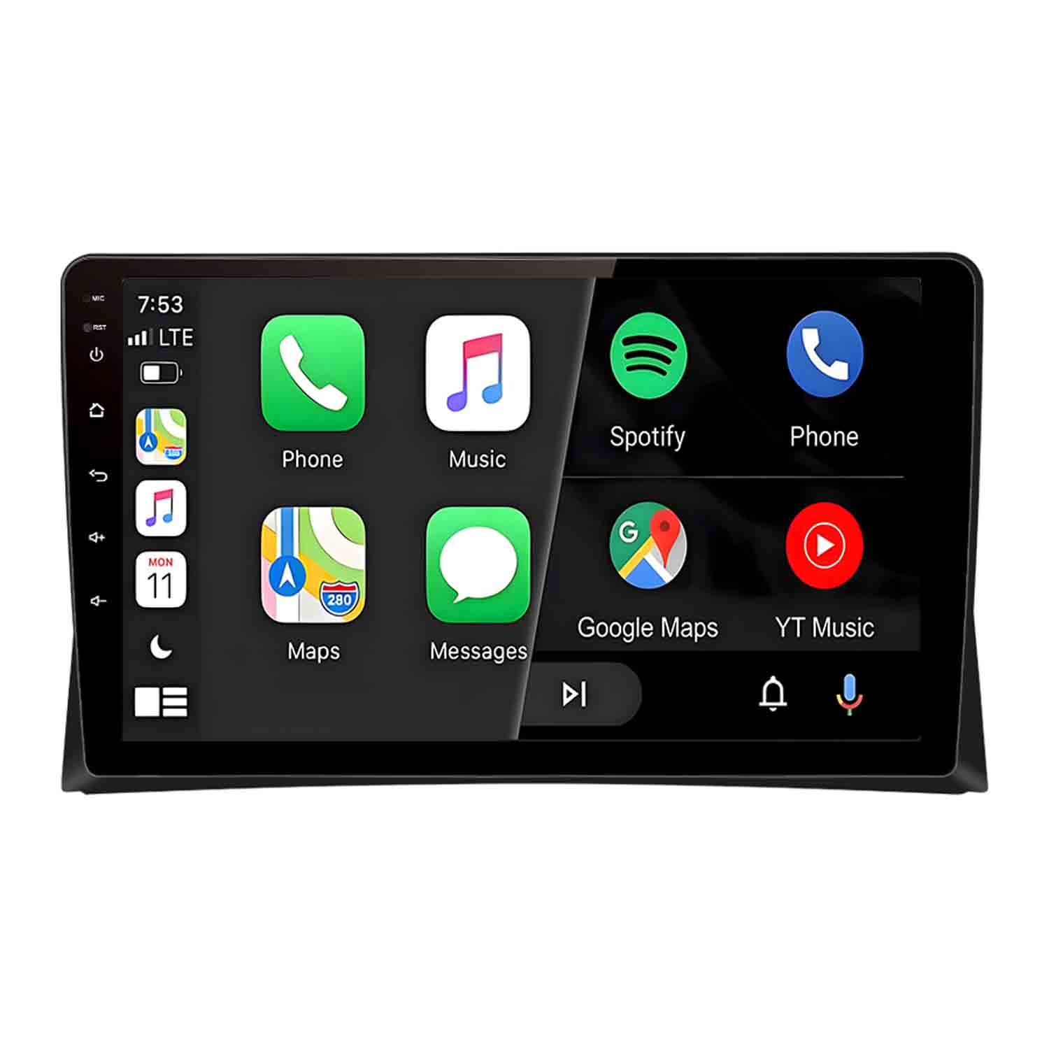 Ein Autoradio-Touchscreen zeigt Apps wie Telefon, Musik, Karten und Spotify.