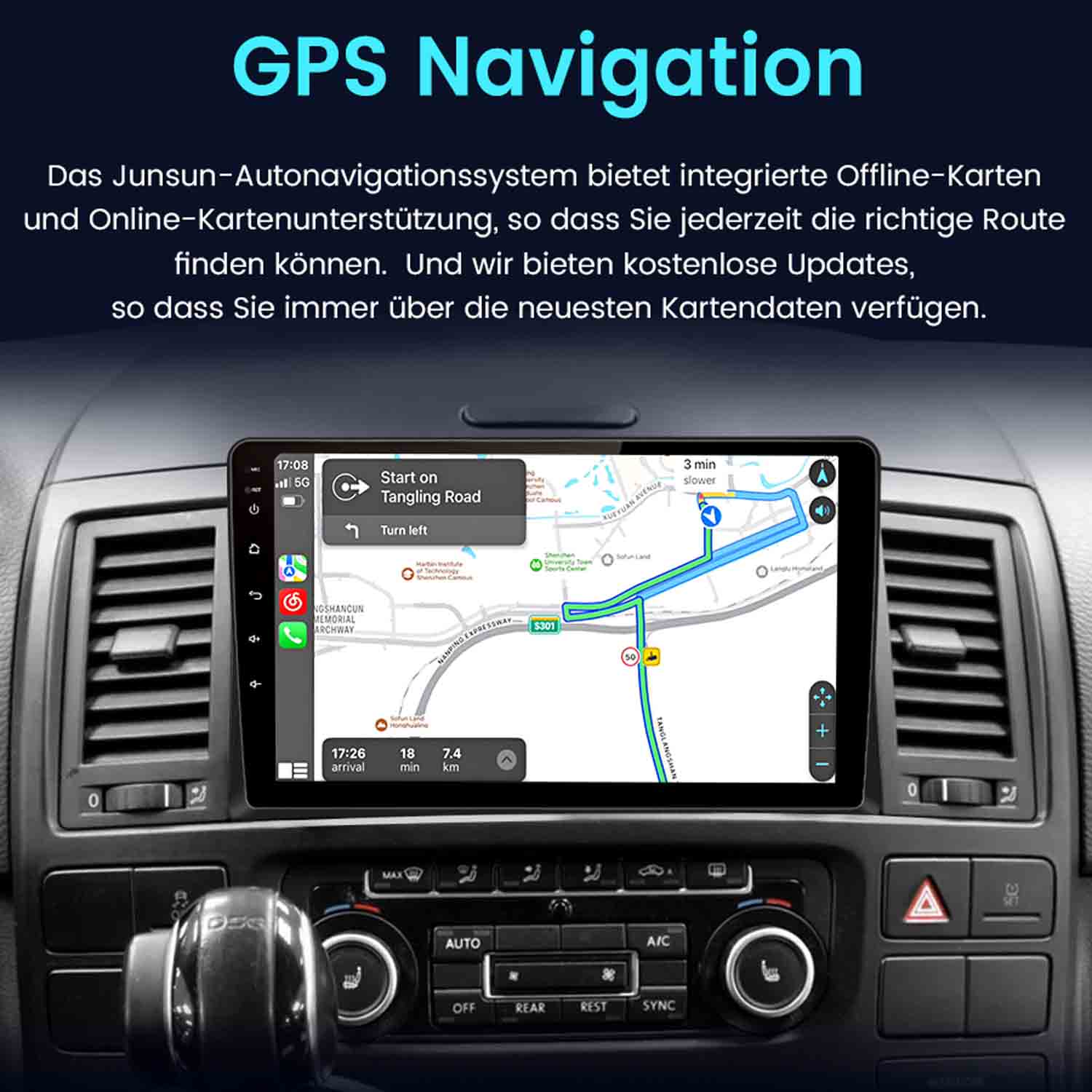 GPS-Navigationsbildschirm in einem Auto mit Kartenansicht und Anweisungen.