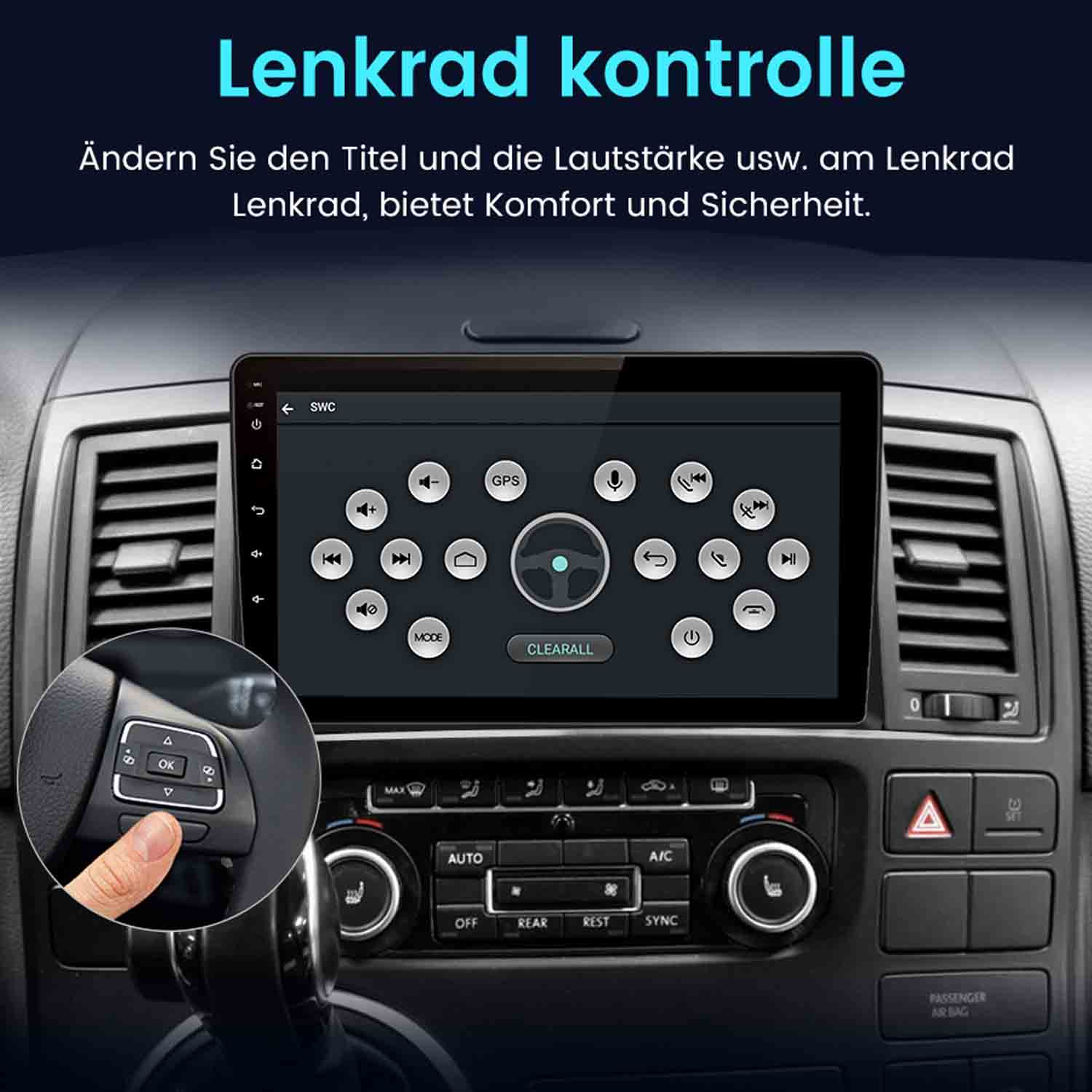 Lenkradsteuerung mit Touchscreen-Interface und Bedienelementen am Lenkrad.