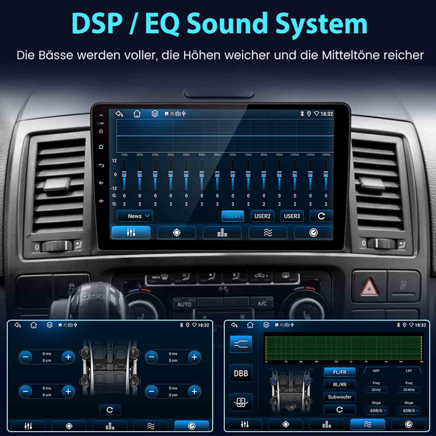 Auto-Infotainmentsystem mit EQ-Einstellungen und Lautsprecherkonfigurationen.