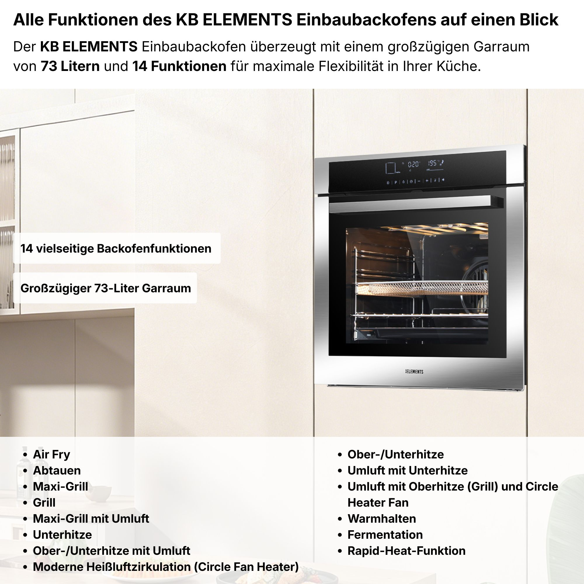 Einbauofen mit Edelstahlfront, digitalem Display und Innenbeleuchtung. Links sind Funktionen aufgelistet.