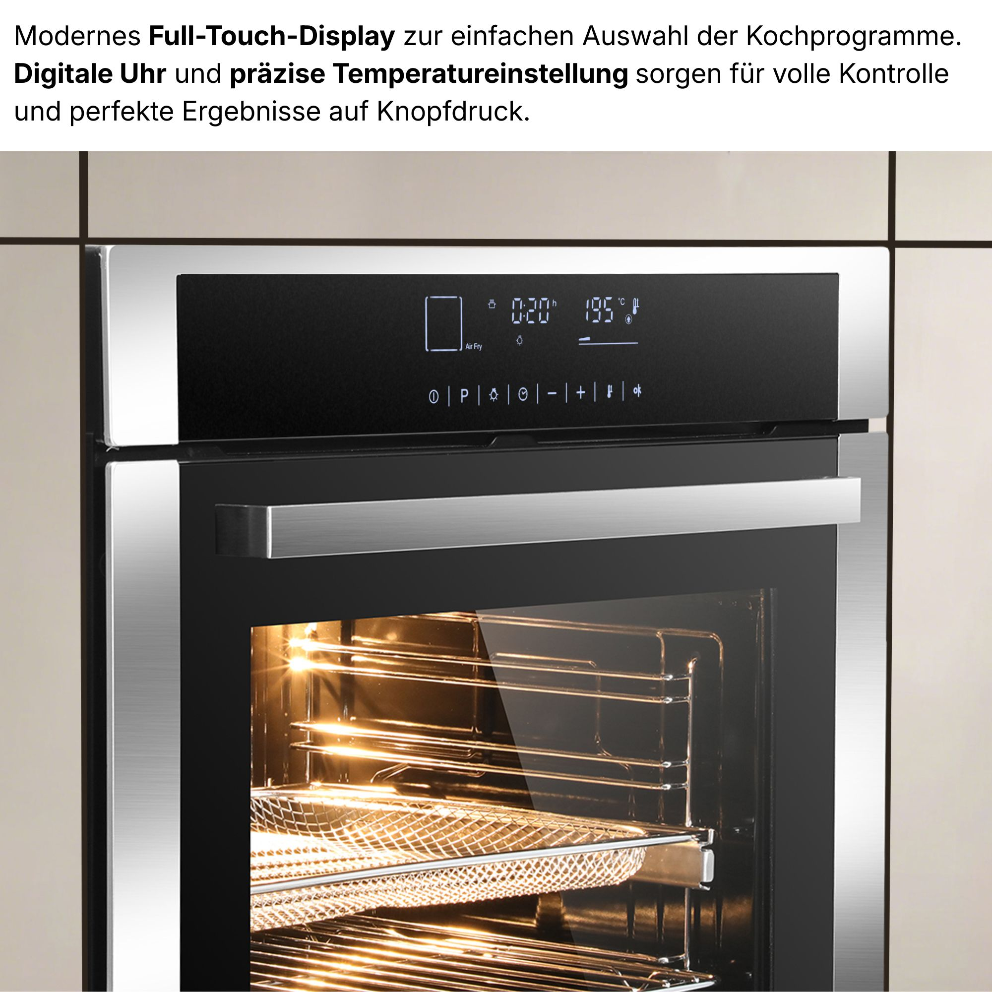 Moderner Ofen mit Touch-Display, Uhrzeit 0:20 und Temperatur 195°C.