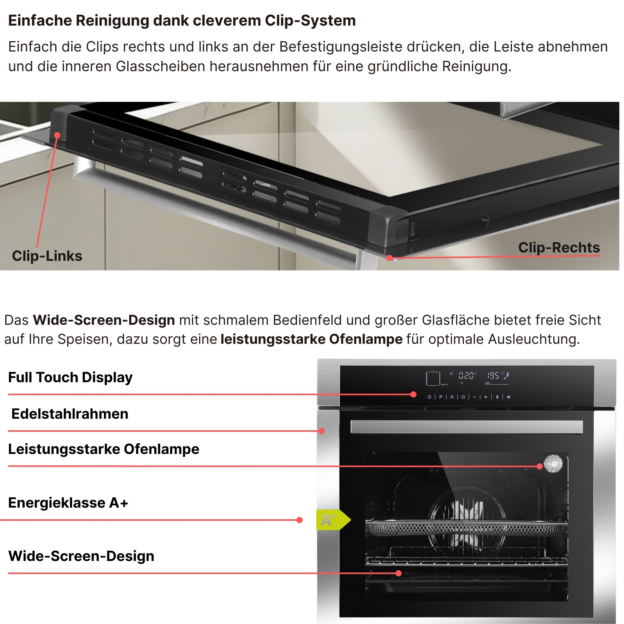 Einbauofen mit Touch-Display, Edelstahlrahmen und A+ Energieeffizienz.