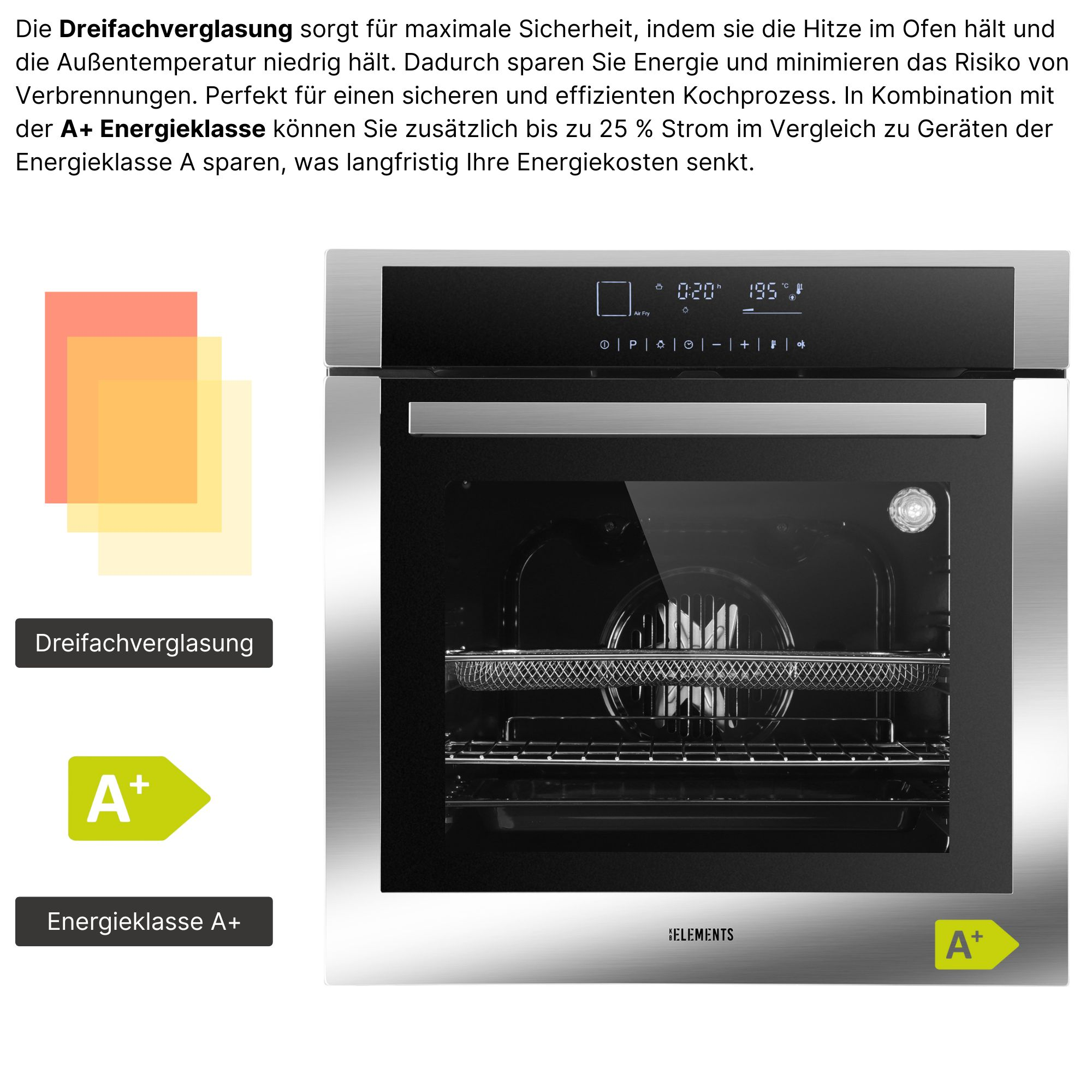 Ein moderner Ofen mit digitaler Anzeige und Energieeffizienzlabel A+.