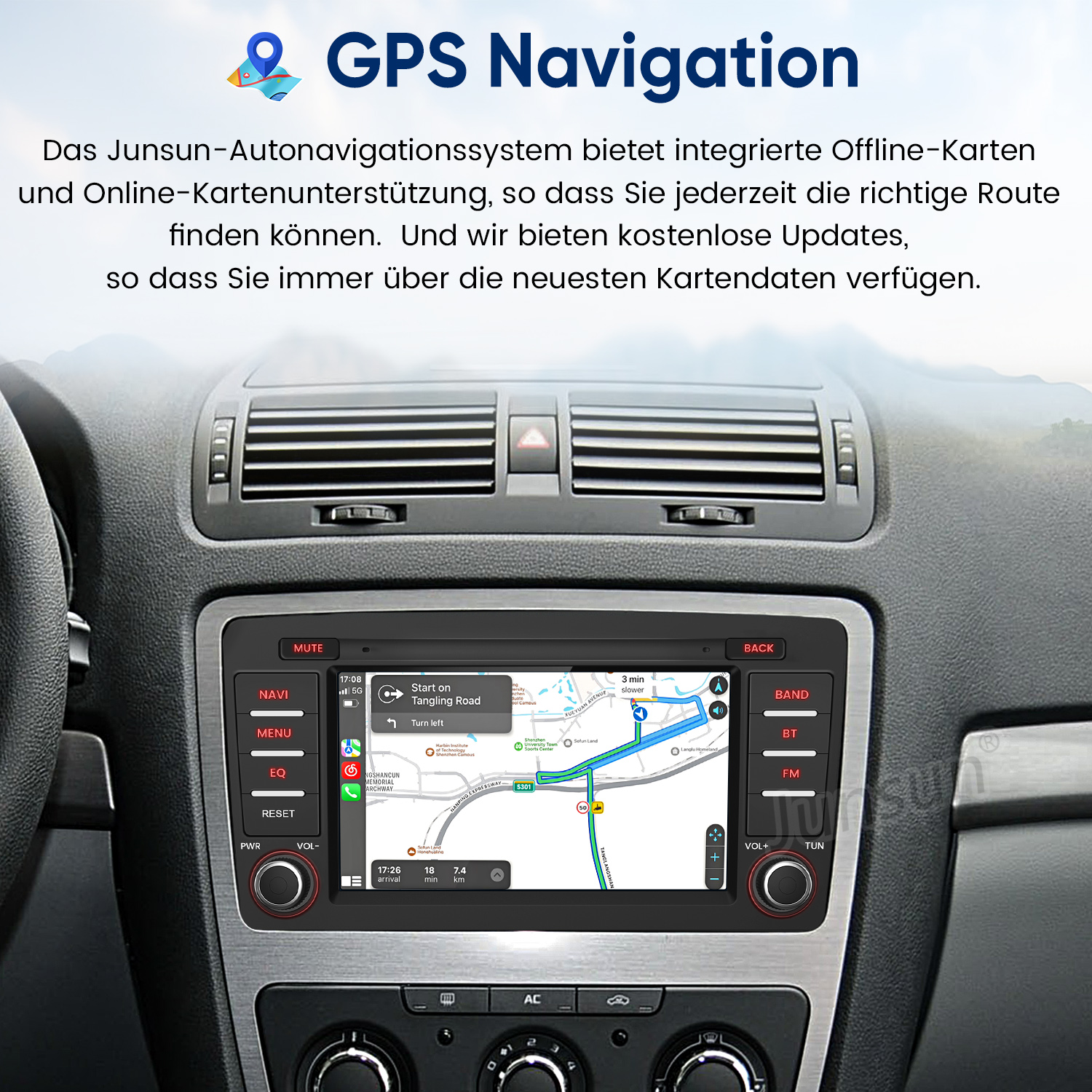 Auto-Navigationssystem mit Kartenanzeige, das eine Route anzeigt.