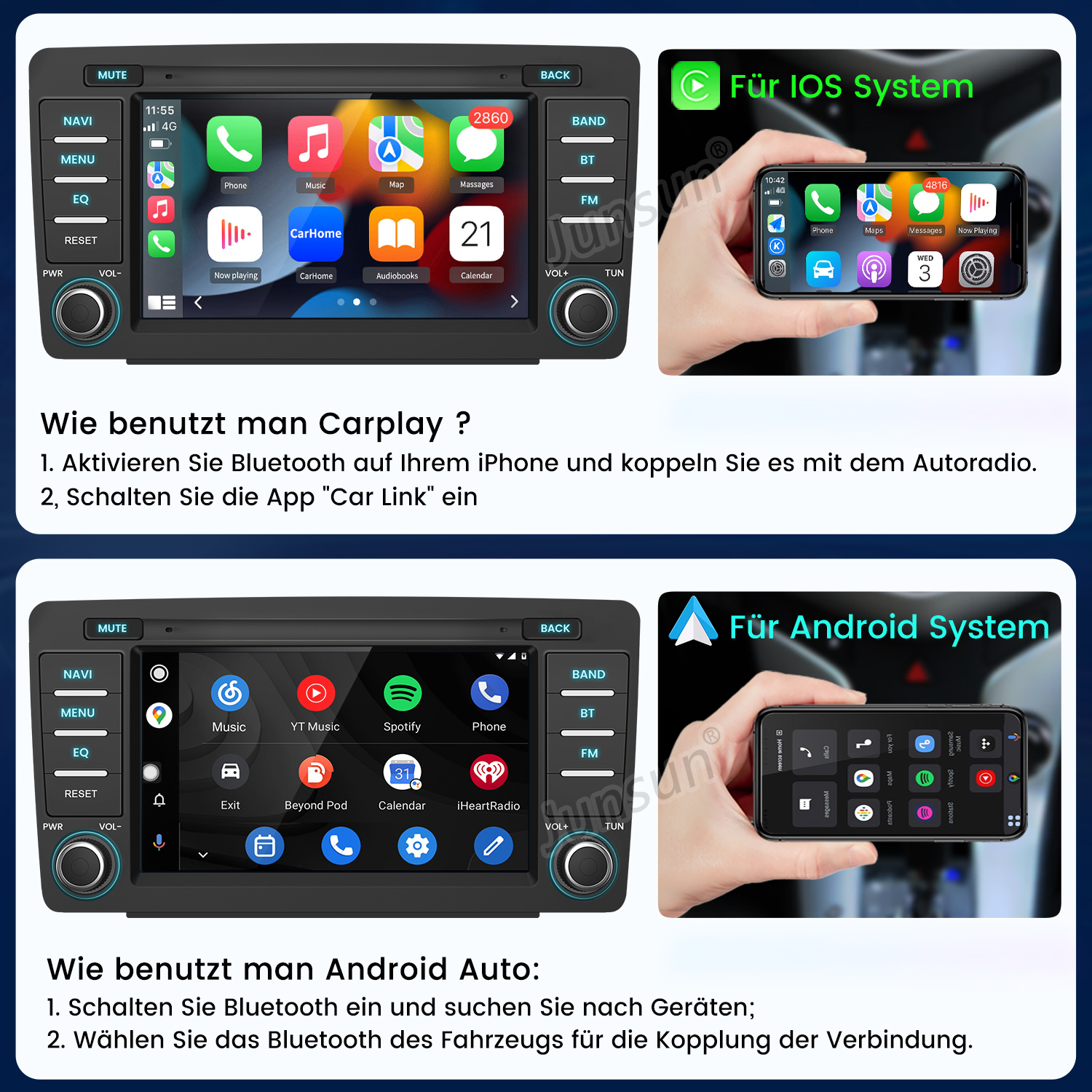 Bildschirm zeigt Carplay und Android Auto mit App-Symbolen und Anleitungen.