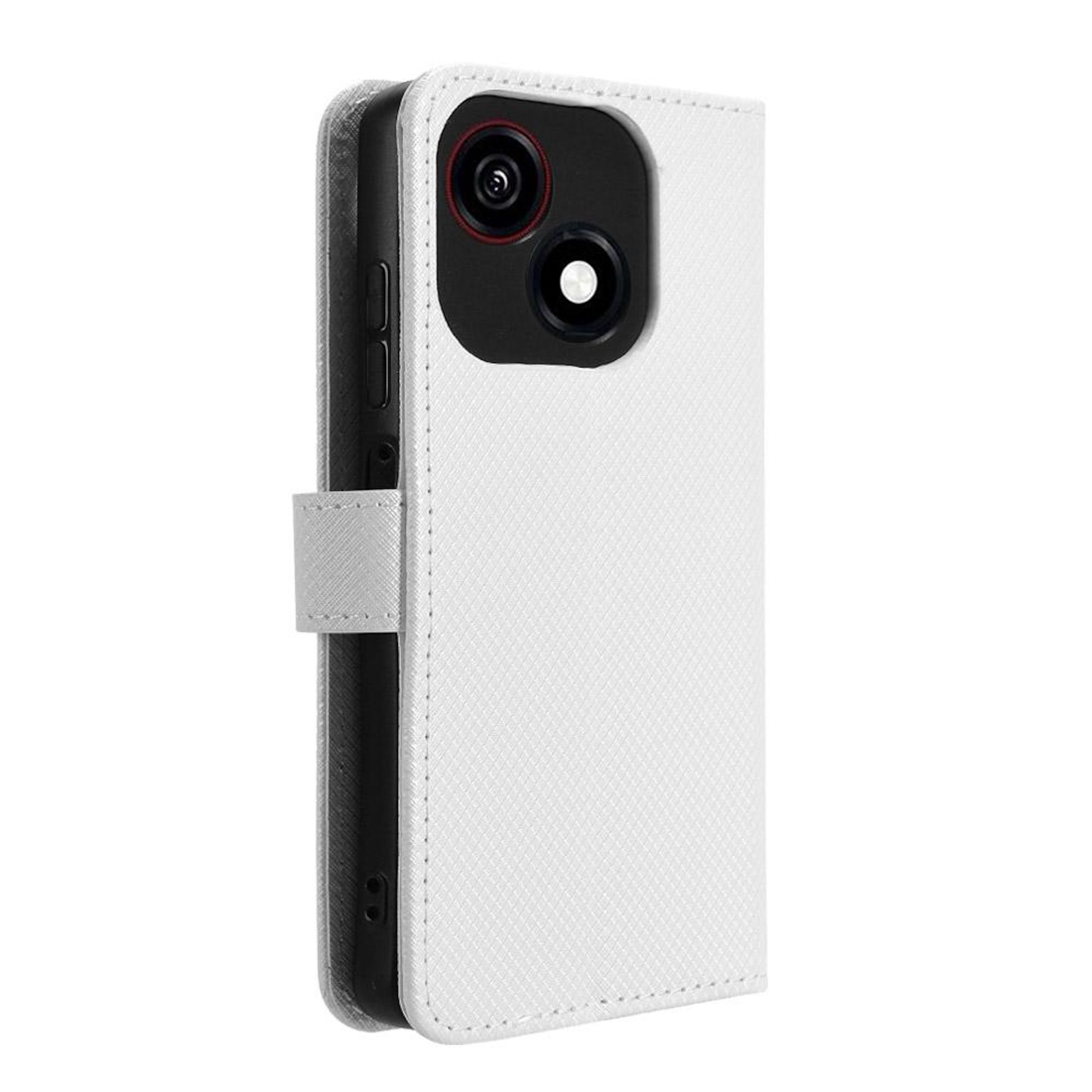 Ein weißes Handy-Flip-Case mit Kartenfach und zwei Kameralinsen.