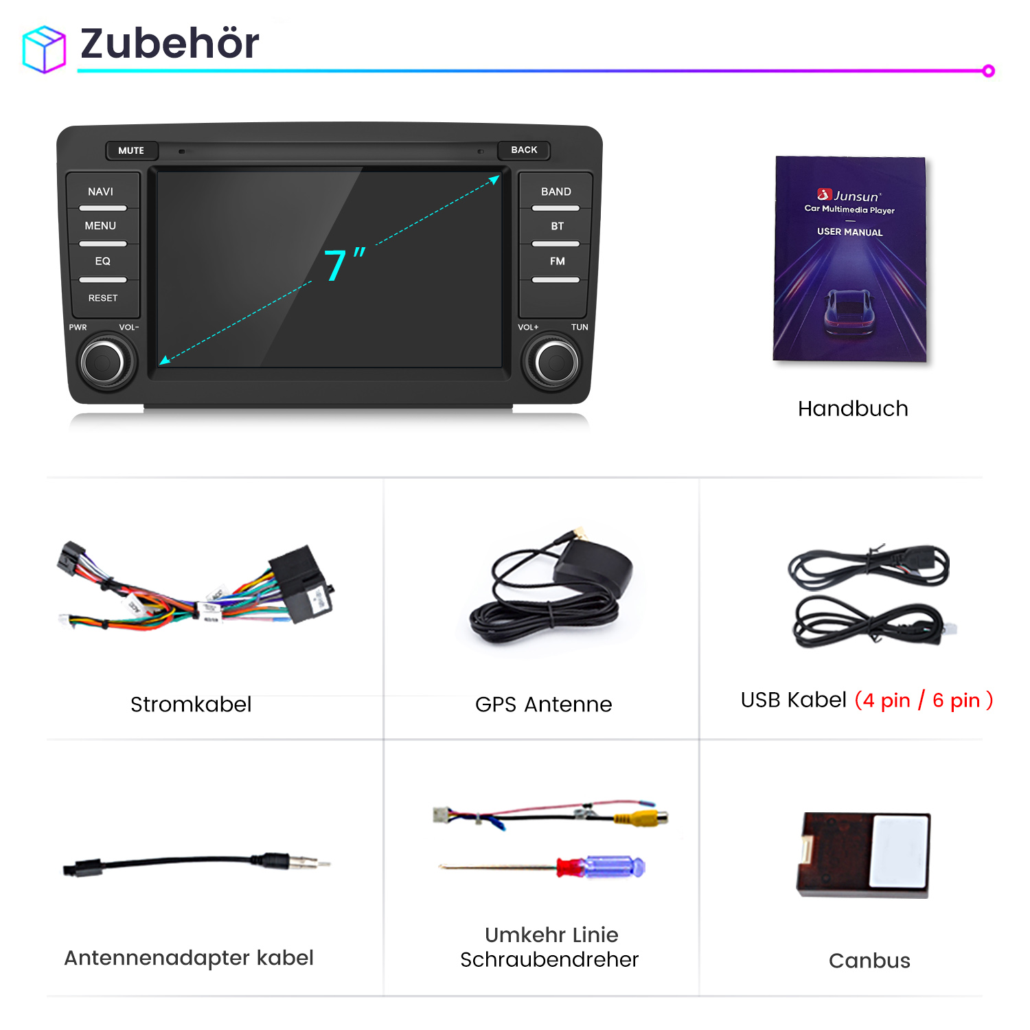 Ein 7-Zoll-Autoradio mit Bedienelementen, Handbuch, Kabeln und Adaptern.