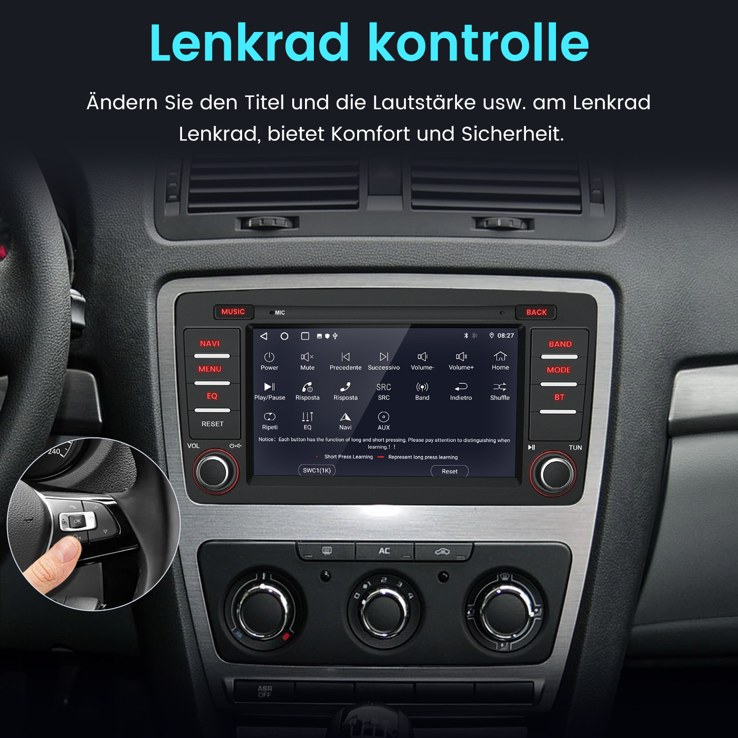 Ein Auto-Infotainmentsystem mit Lenkradsteuerung und Touchscreen.