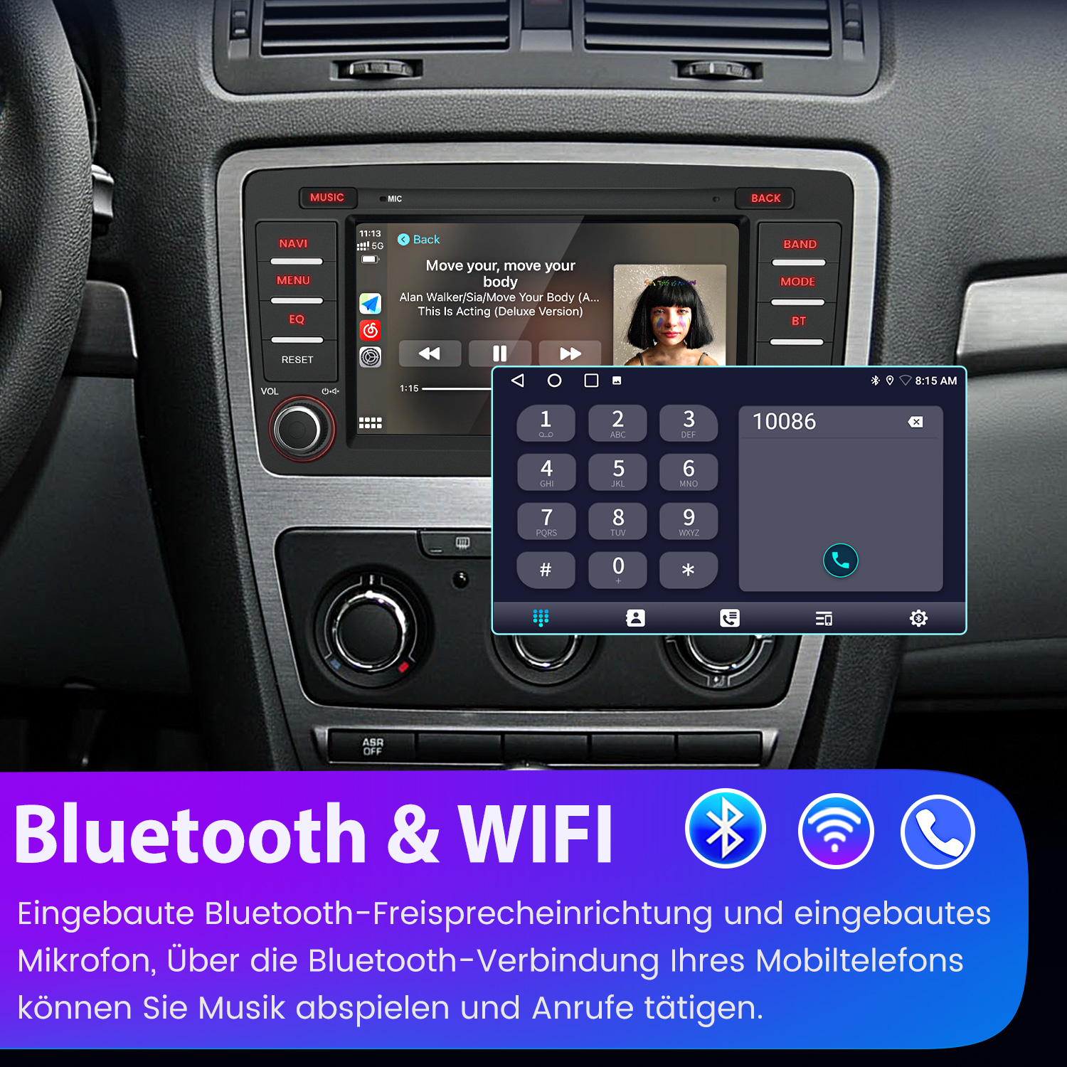Auto-Infotainmentsystem mit Telefon-Tastatur, Musikwiedergabe und Bluetooth/WIFI-Symbolen.