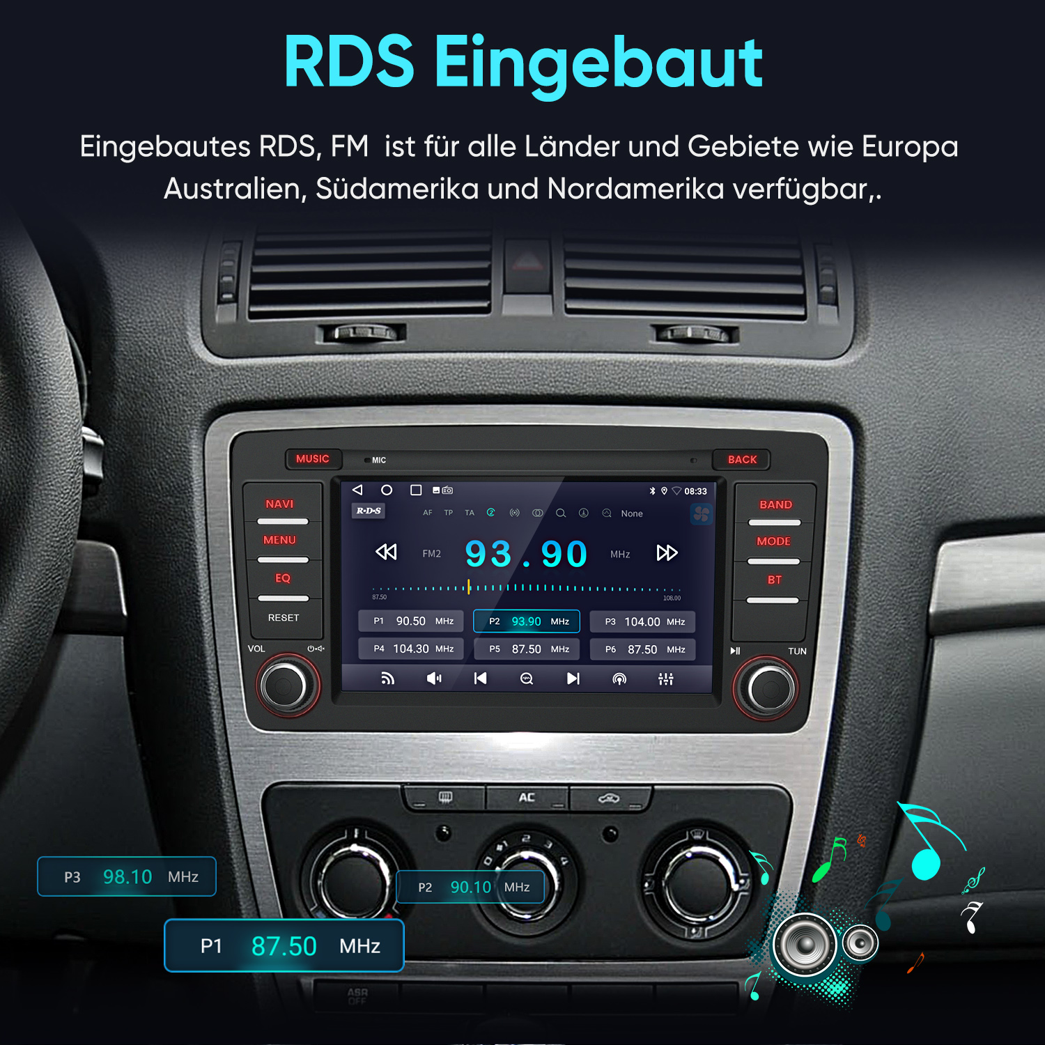 Ein Autoradio-Display zeigt Sender und Frequenzen an, mit Tasten und Reglern.