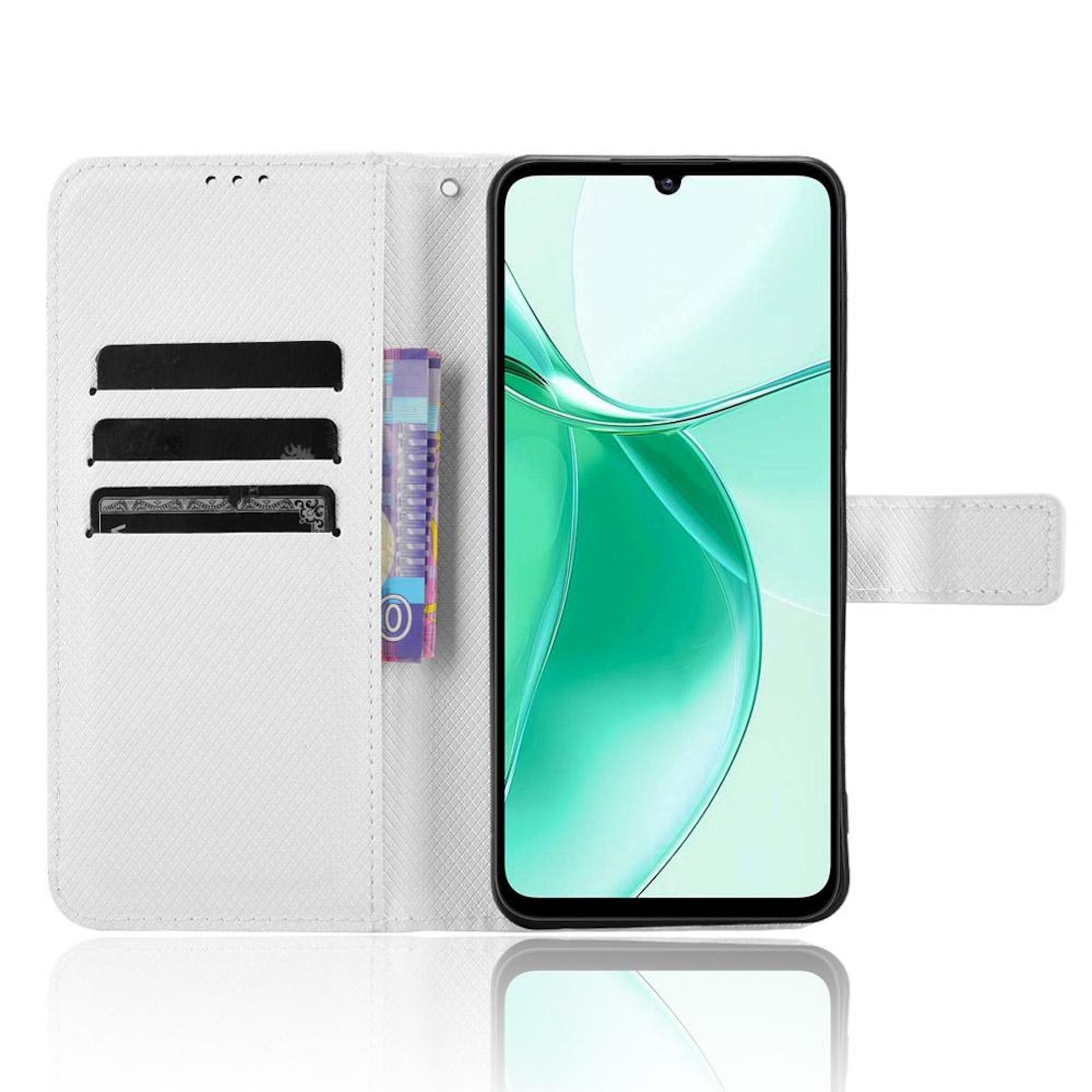 Ein weißes Handy-Flip-Case mit Kartenfächern und einem Smartphone.