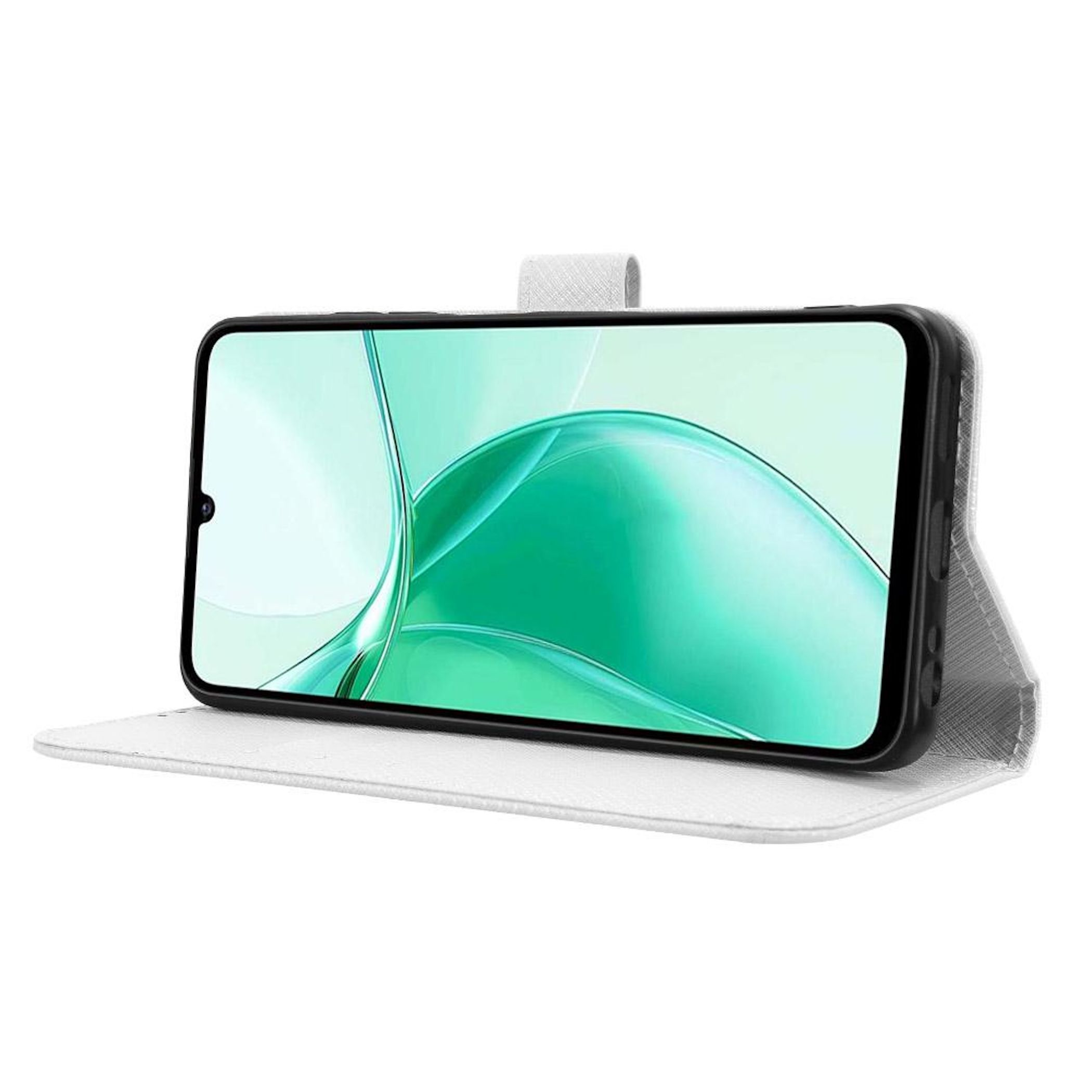 Ein weißes Smartphone in einem weißen Klappetui mit grünem Hintergrund.