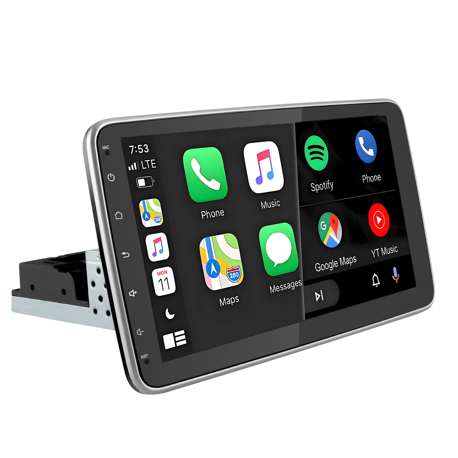 Ein Autoradio-Touchscreen zeigt App-Symbole wie Telefon, Musik und Spotify.