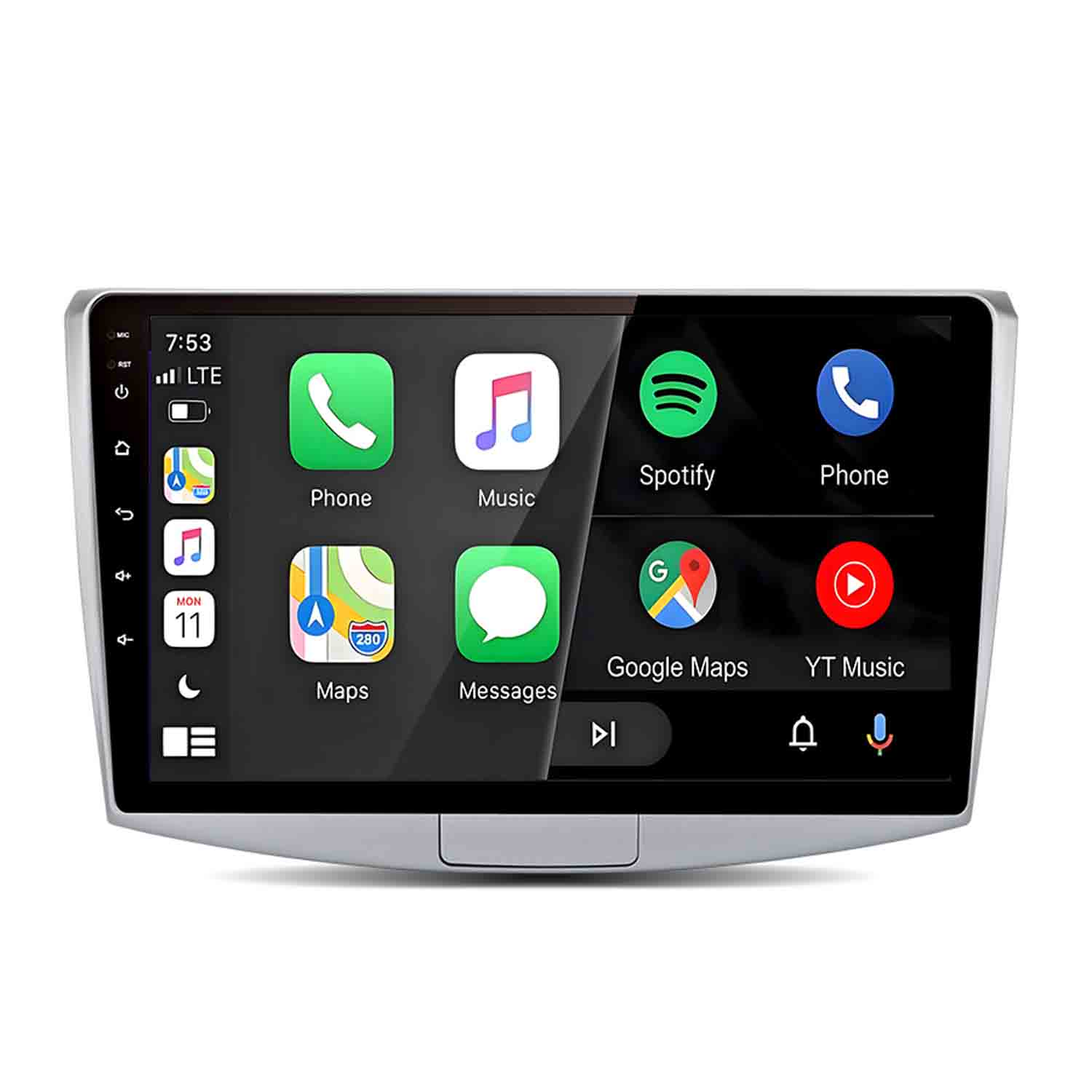 Ein Infotainmentsystem im Auto mit verschiedenen App-Symbolen wie Telefon, Musik und Karten.