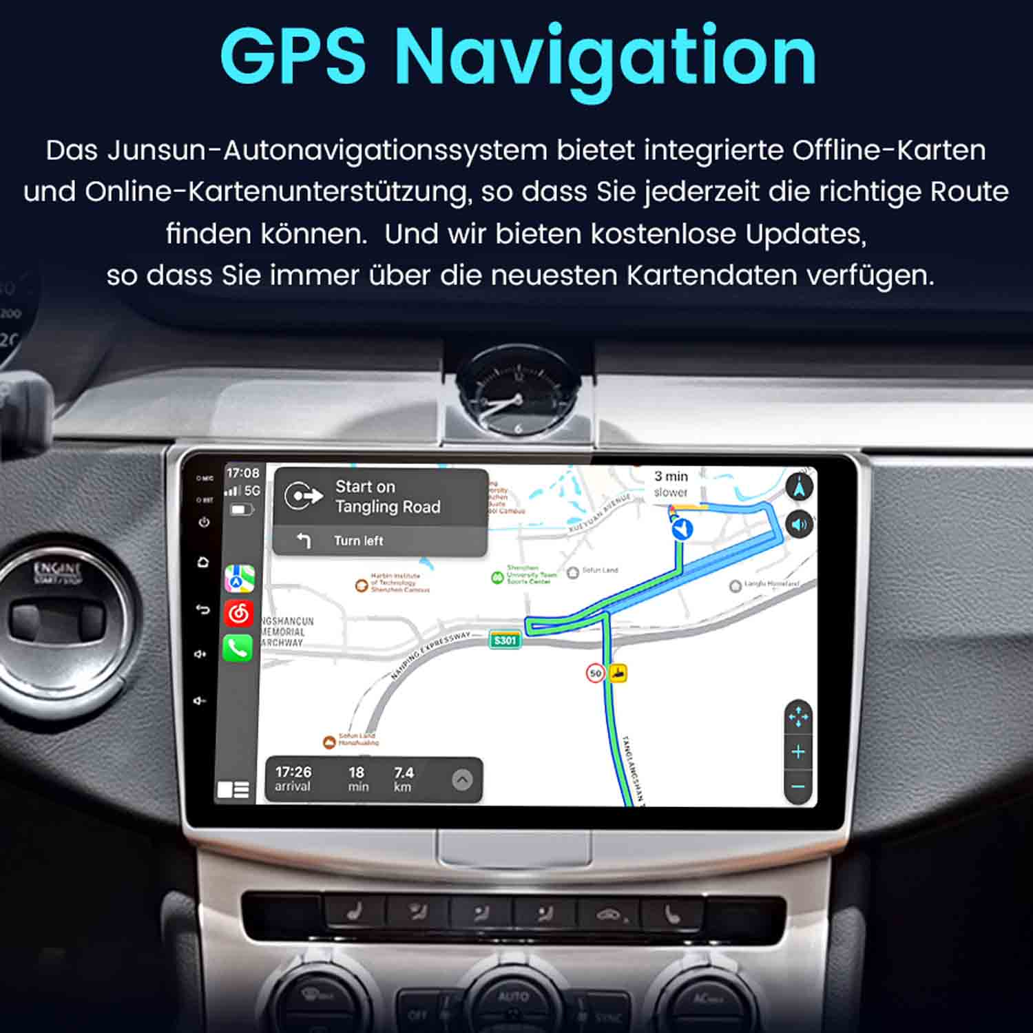 GPS-Navigationssystem zeigt eine Karte mit einer Route und Verkehrsinformationen an.