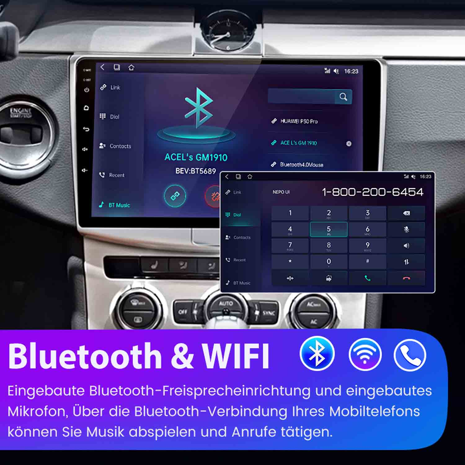 Autobildschirm zeigt Bluetooth-Menü mit Telefonkontakten und Wählfeld.